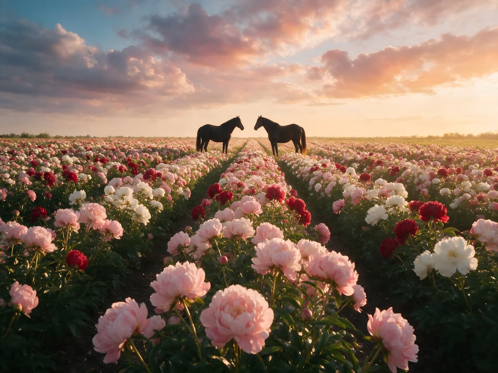 Twee paarden in pioenenveld bij zonsondergang