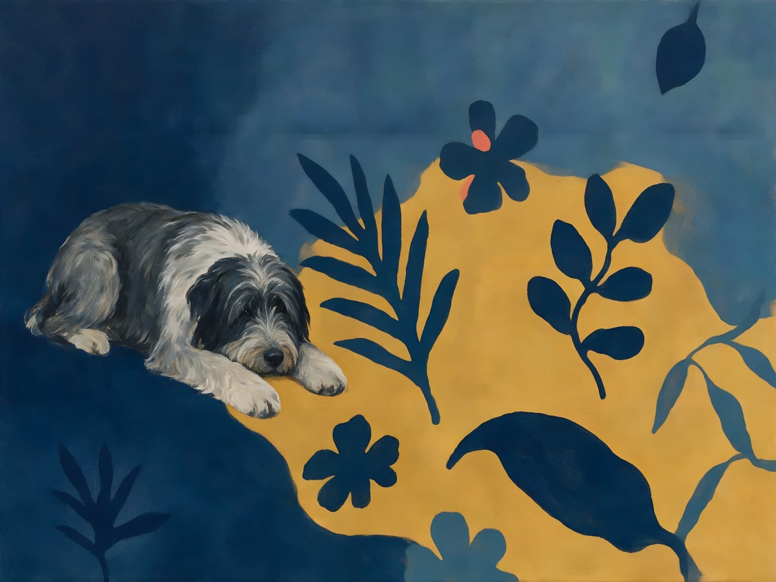 Grijze hond op blauw met gele bladvormen