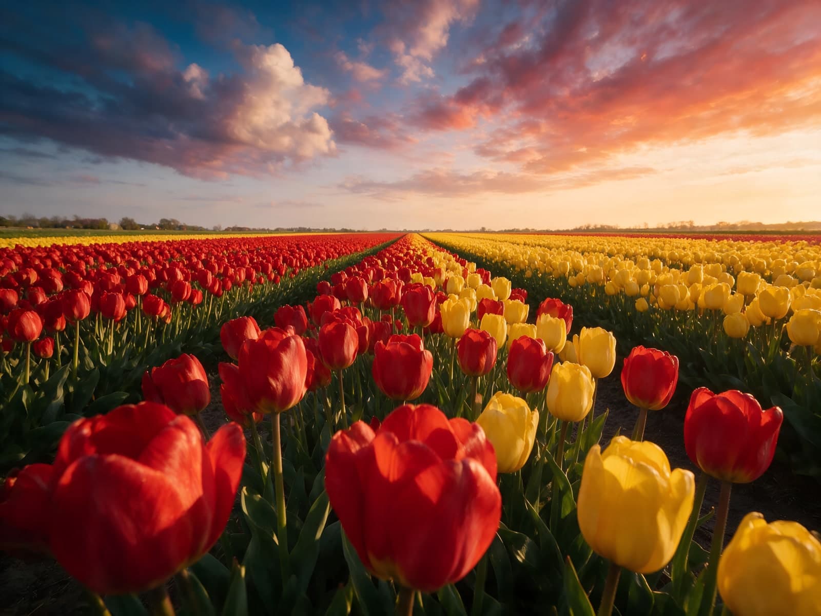 Rode en gele tulpenrijen onder kleurrijke lucht
