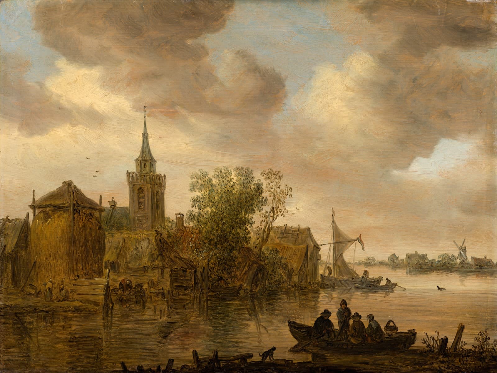 Riviergezicht met kerk en boerderij