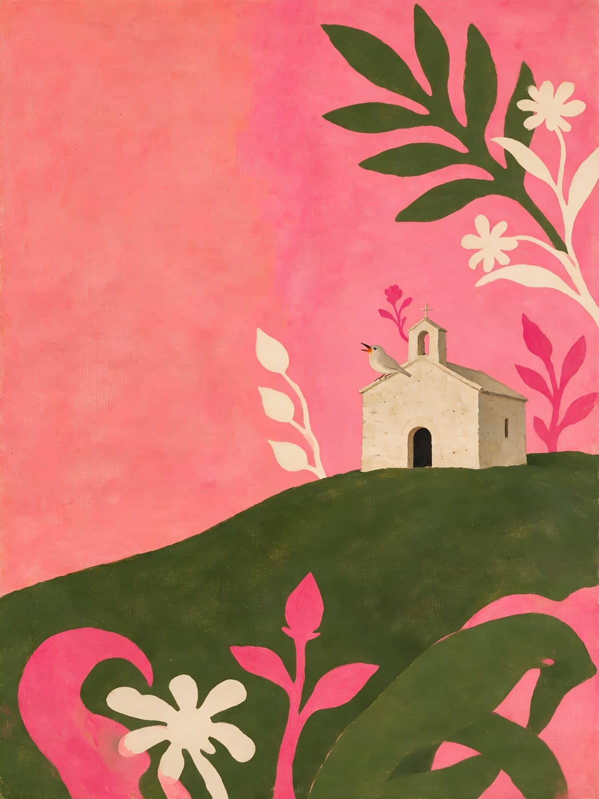 Kapelletje op groene heuvel tegen roze lucht