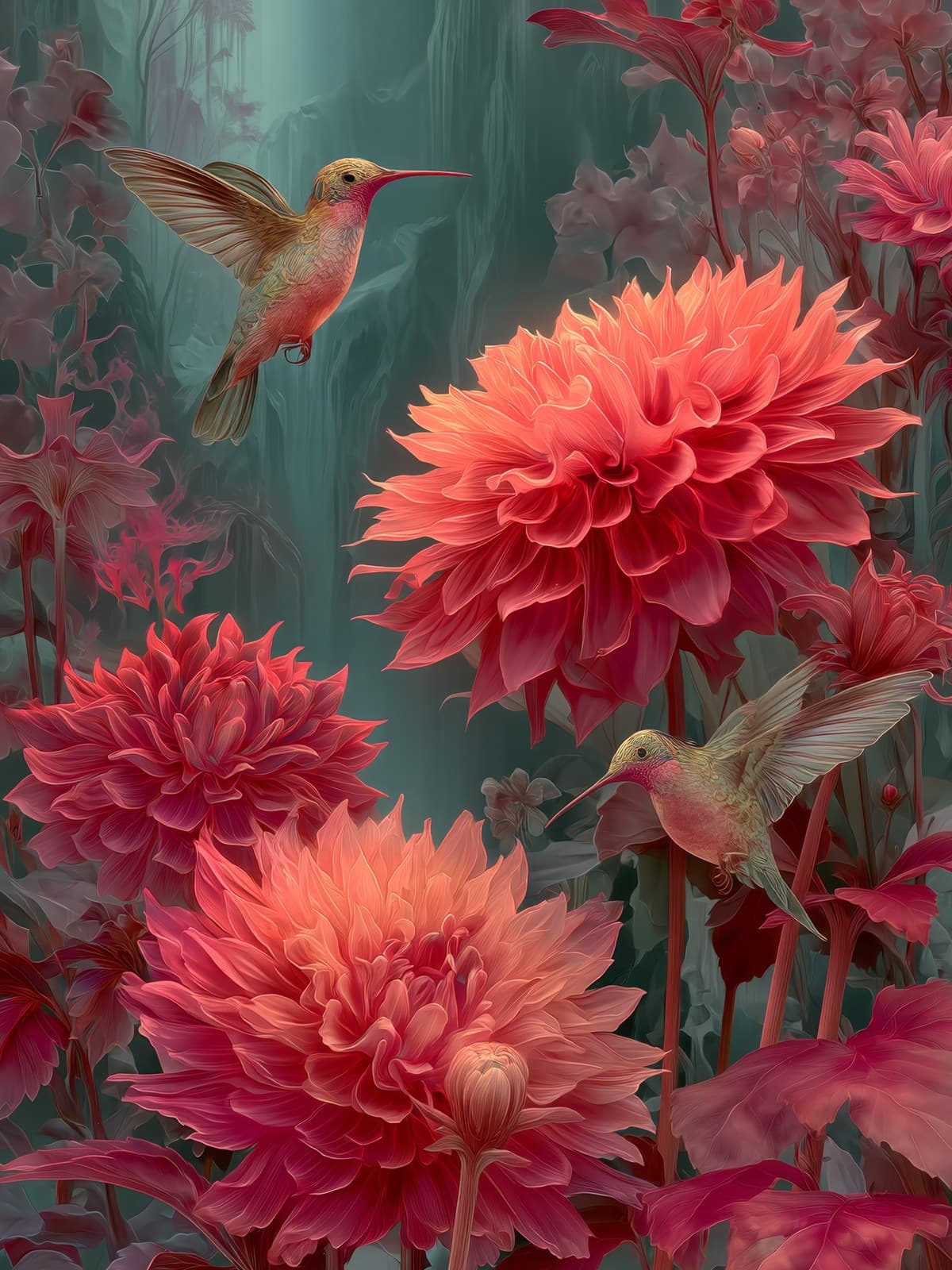 Rode dahlia's en kolibries in groen bos