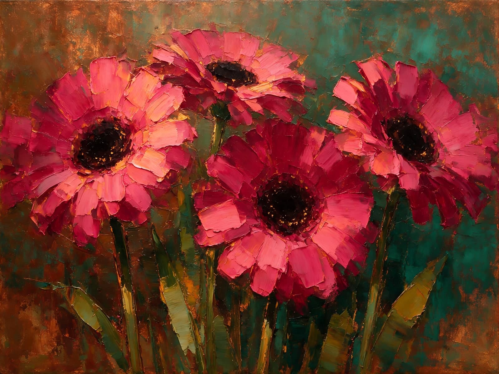 Drie roze gerbera's in dikke verf