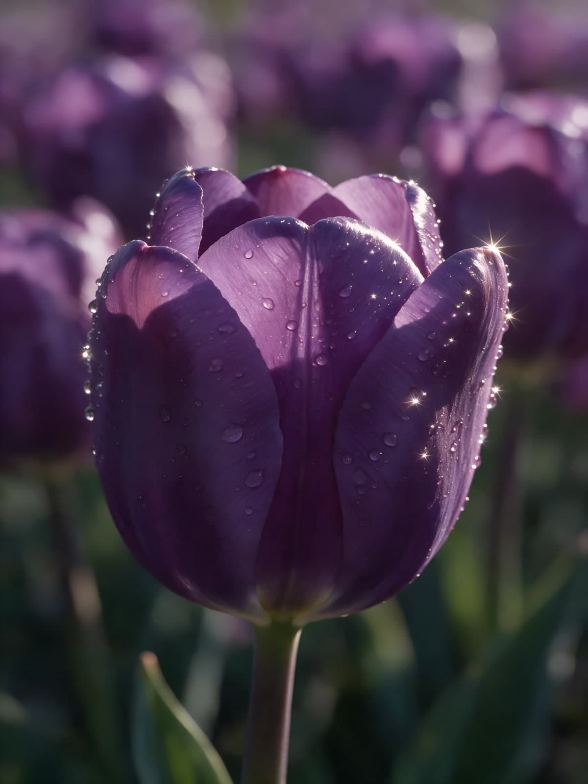 Paarse tulp van dichtbij met dauwdruppels