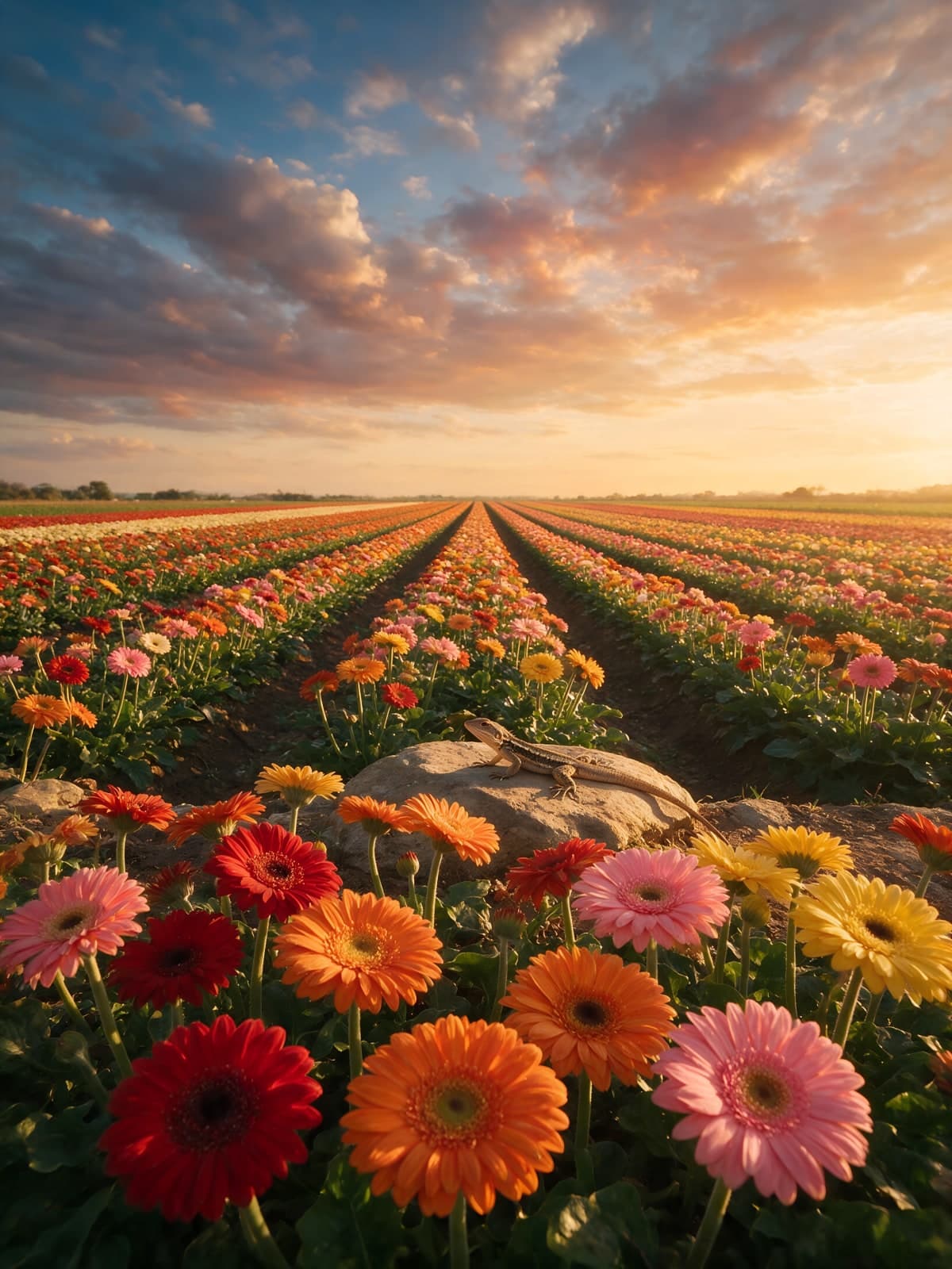 Gerberavelden bij zonsondergang in lange rijen