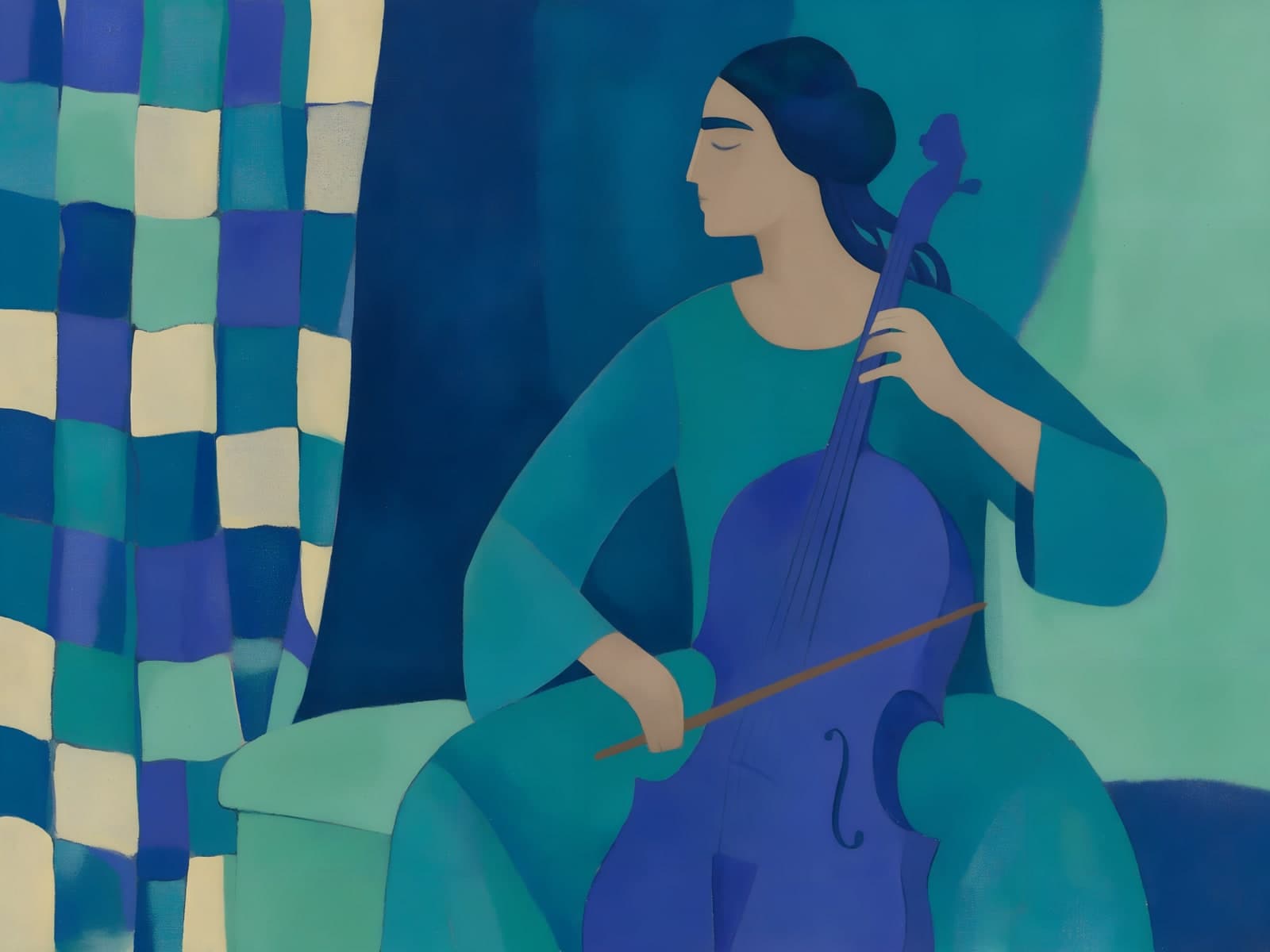 Cellospeelster in blauwe en groene vlakken