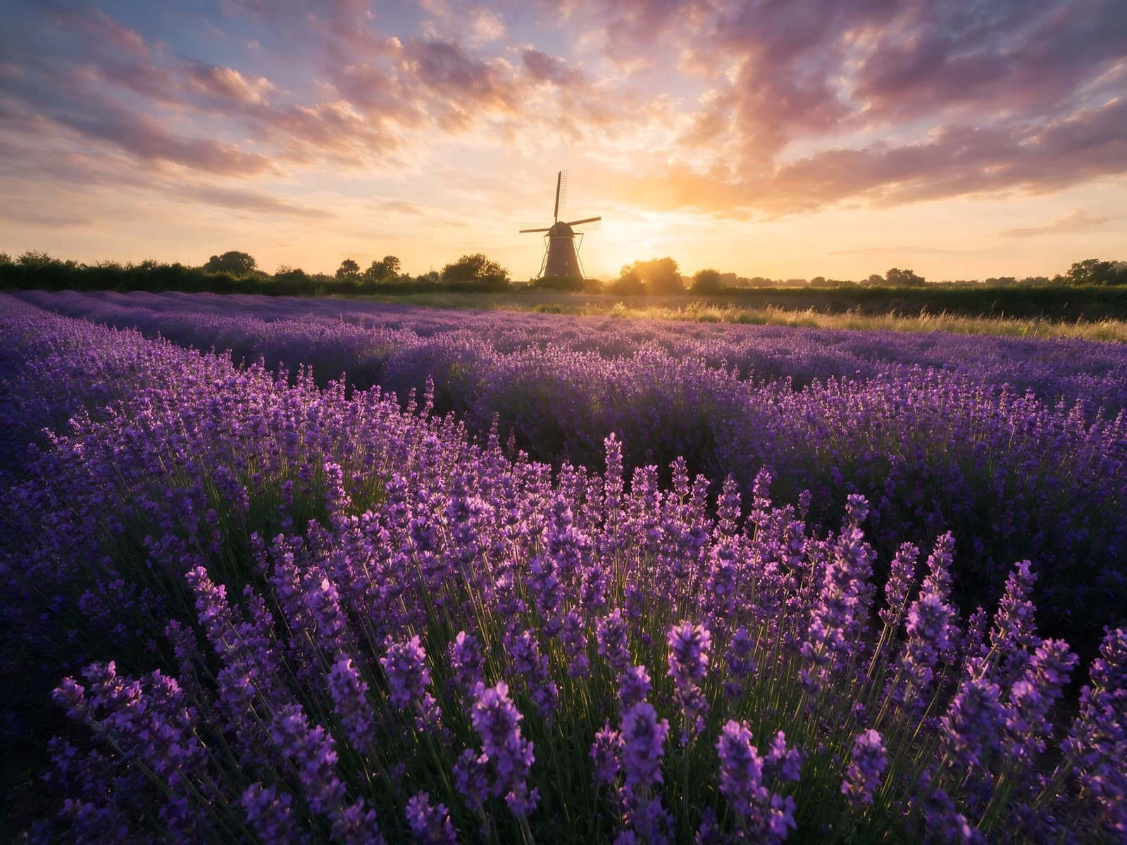 Lavendelveld met molen bij zonsondergang
