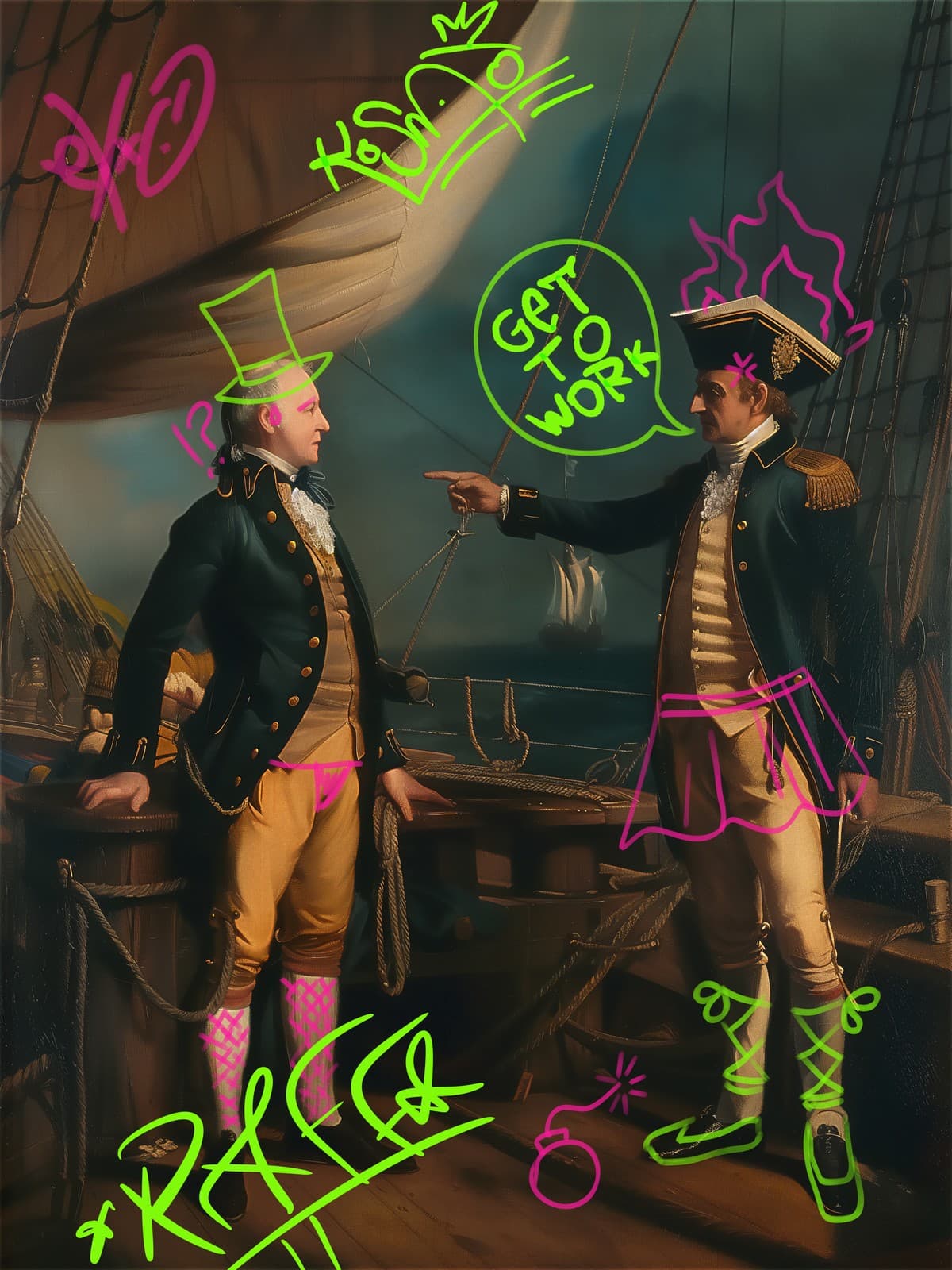 Twee mannen op scheepsdek met roze sokken