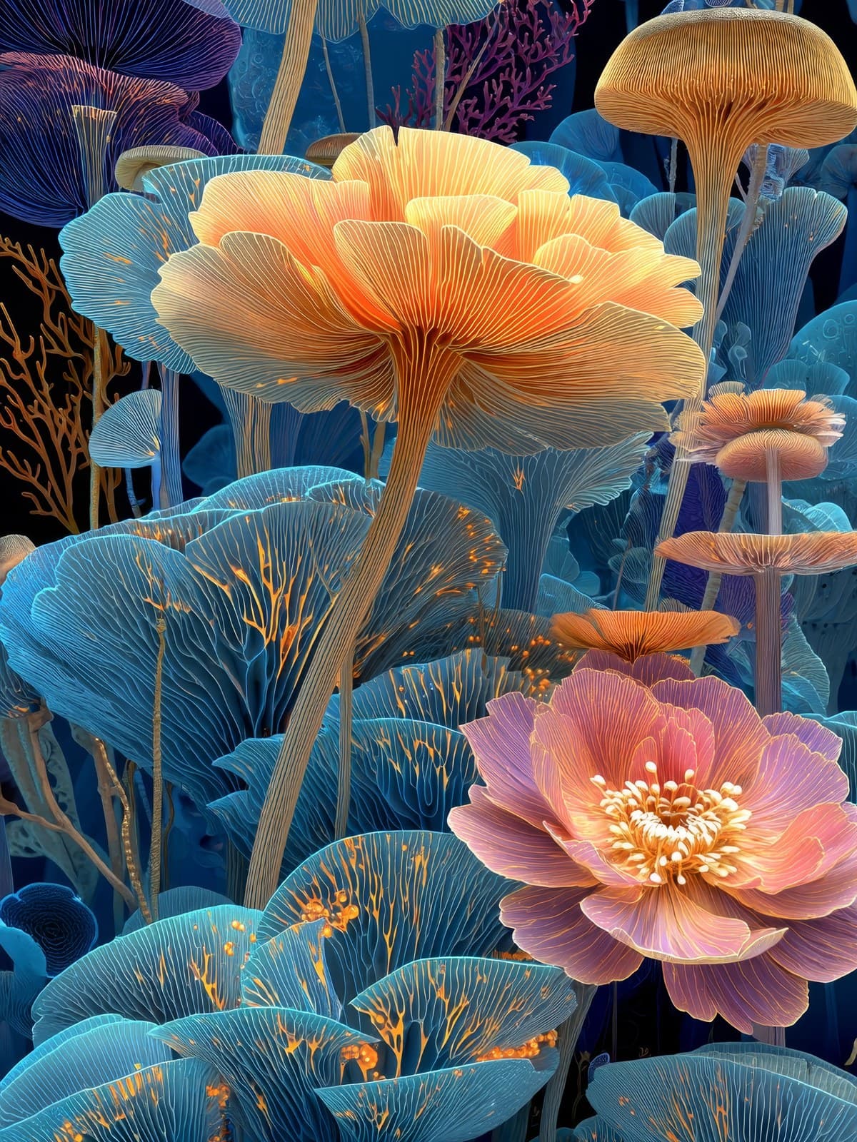 Perzikroze bloem tussen blauwe paddenstoelen