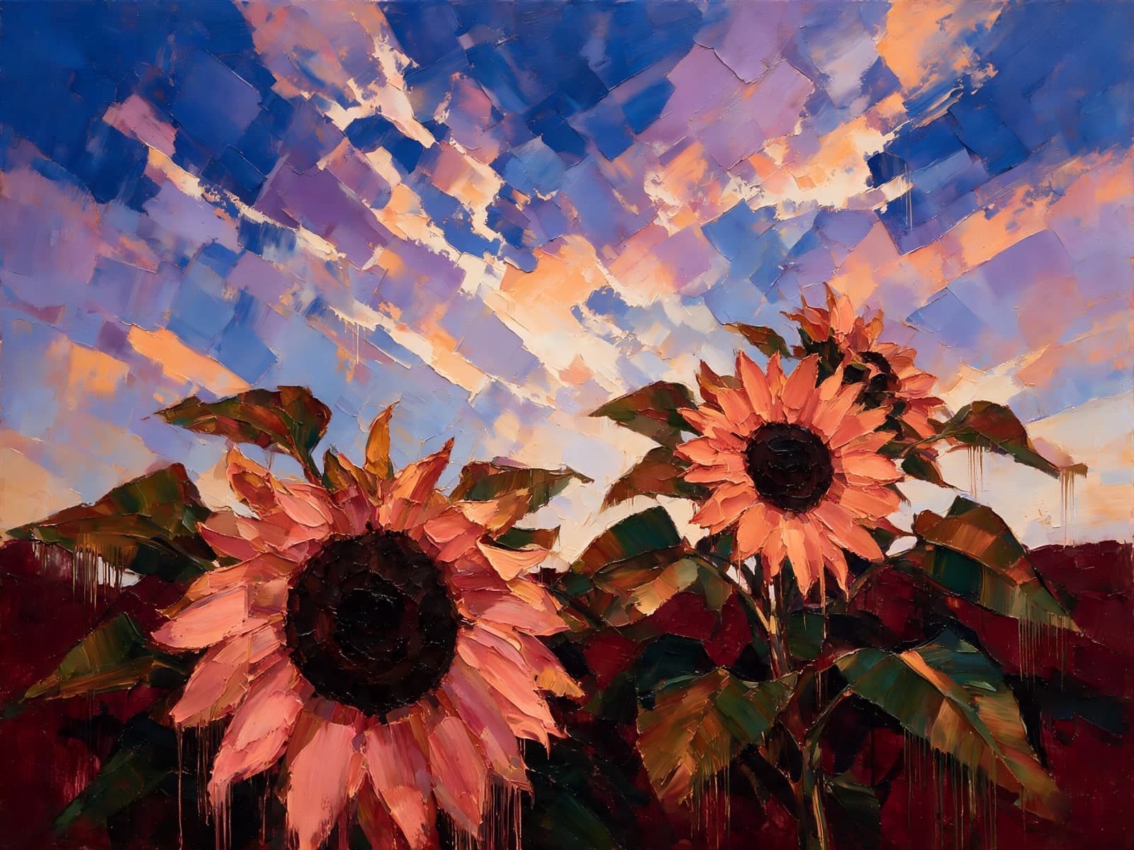 Zalmroze zonnebloemen onder paarsblauwe lucht
