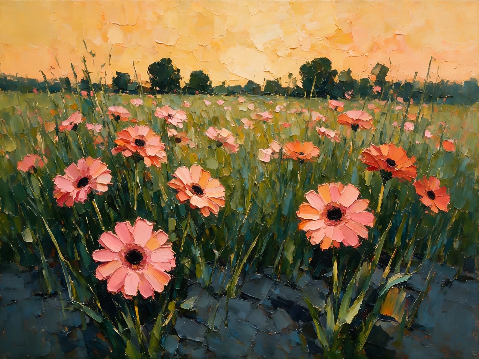 Roze gerbera's in een veld bij avondlicht