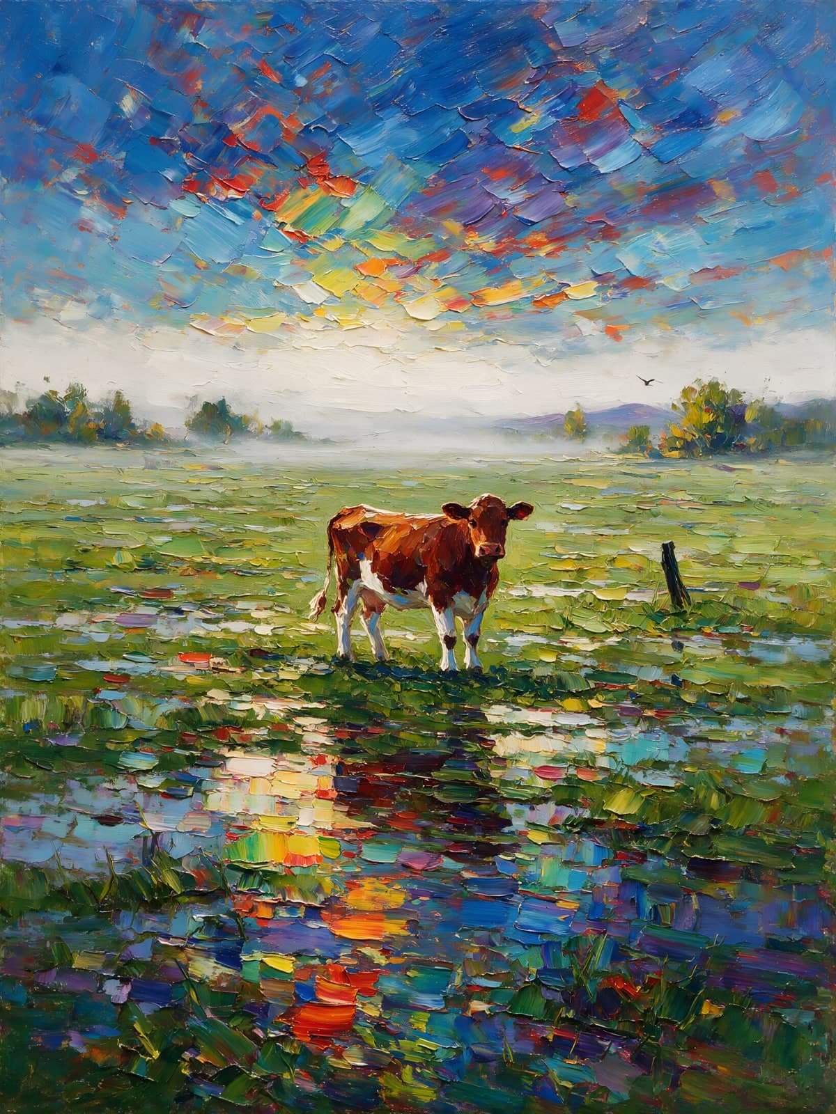 Koe in kleurrijke weide na regen