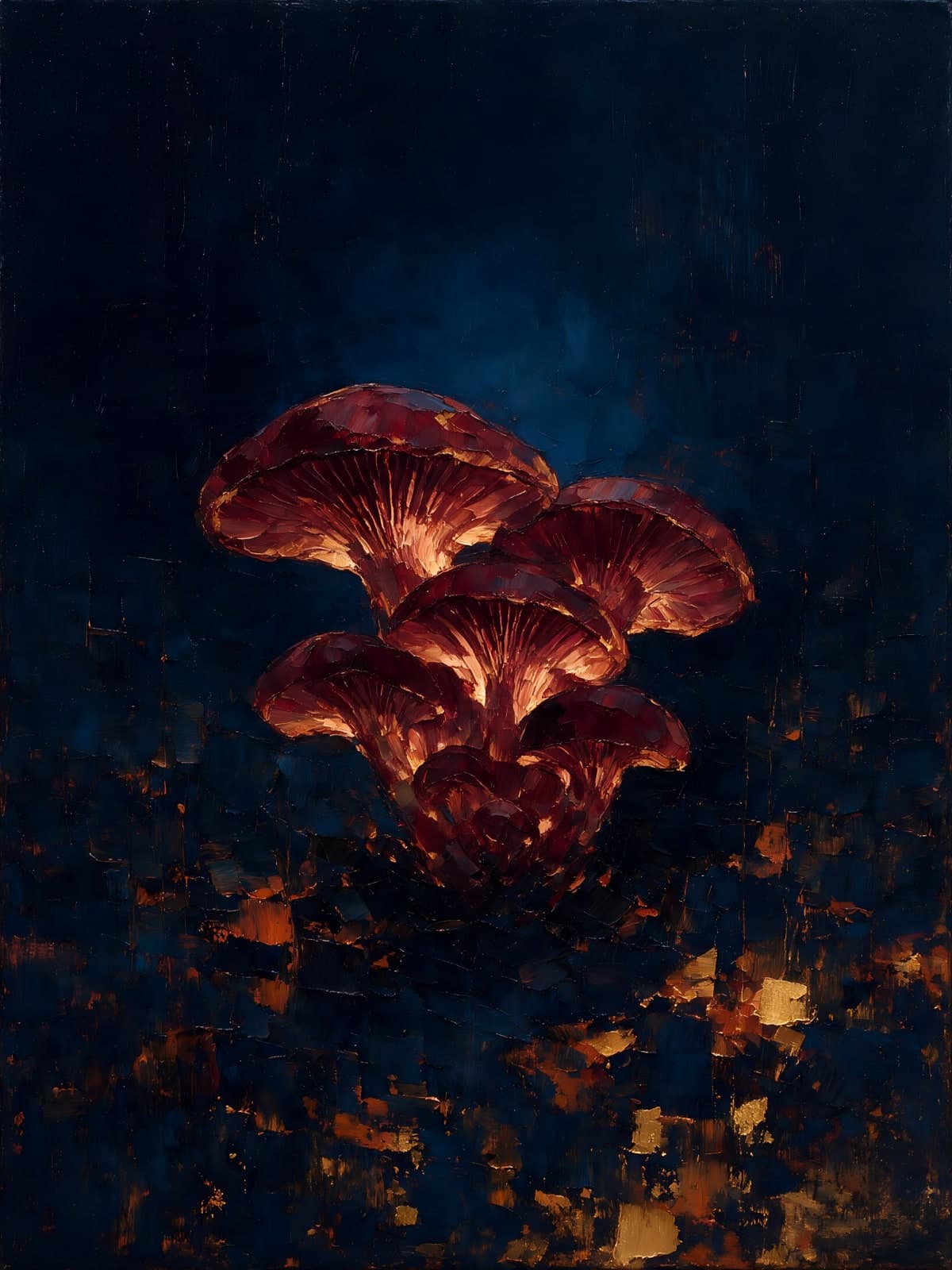 Bordeauxrode paddenstoelen in een donkerblauwe nacht