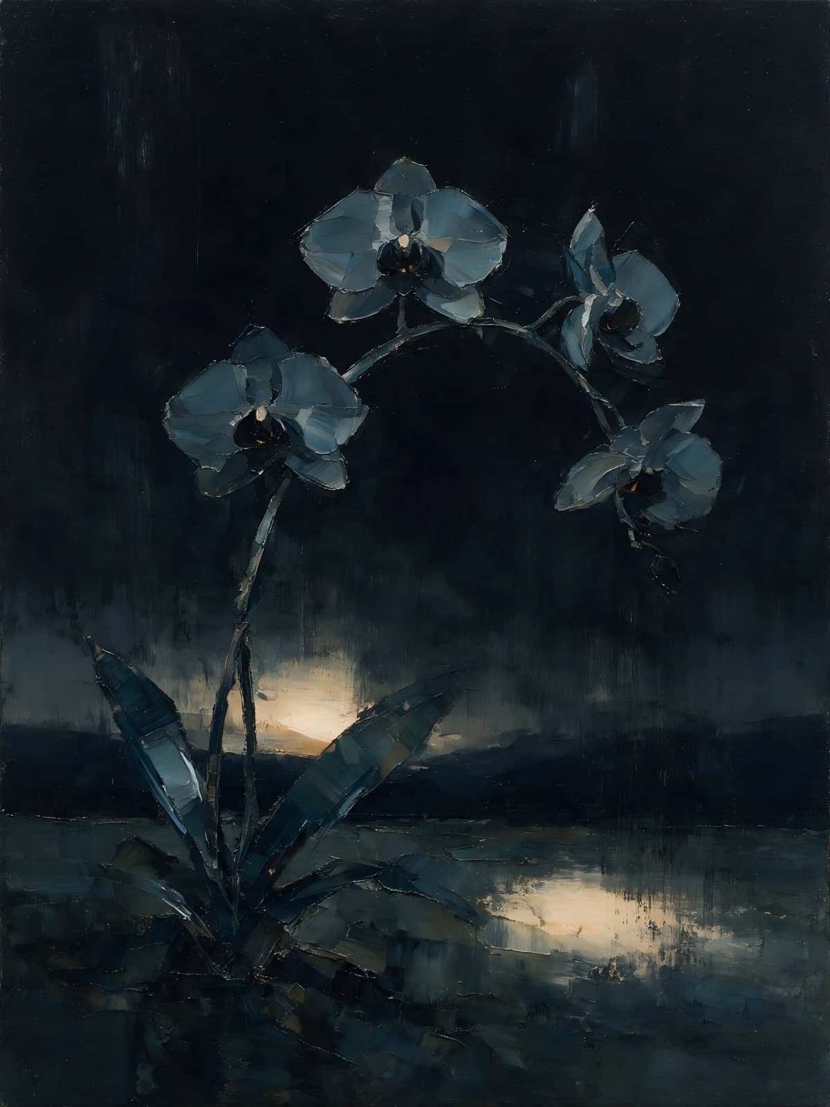Blauwgrijze orchidee bij een donker meer