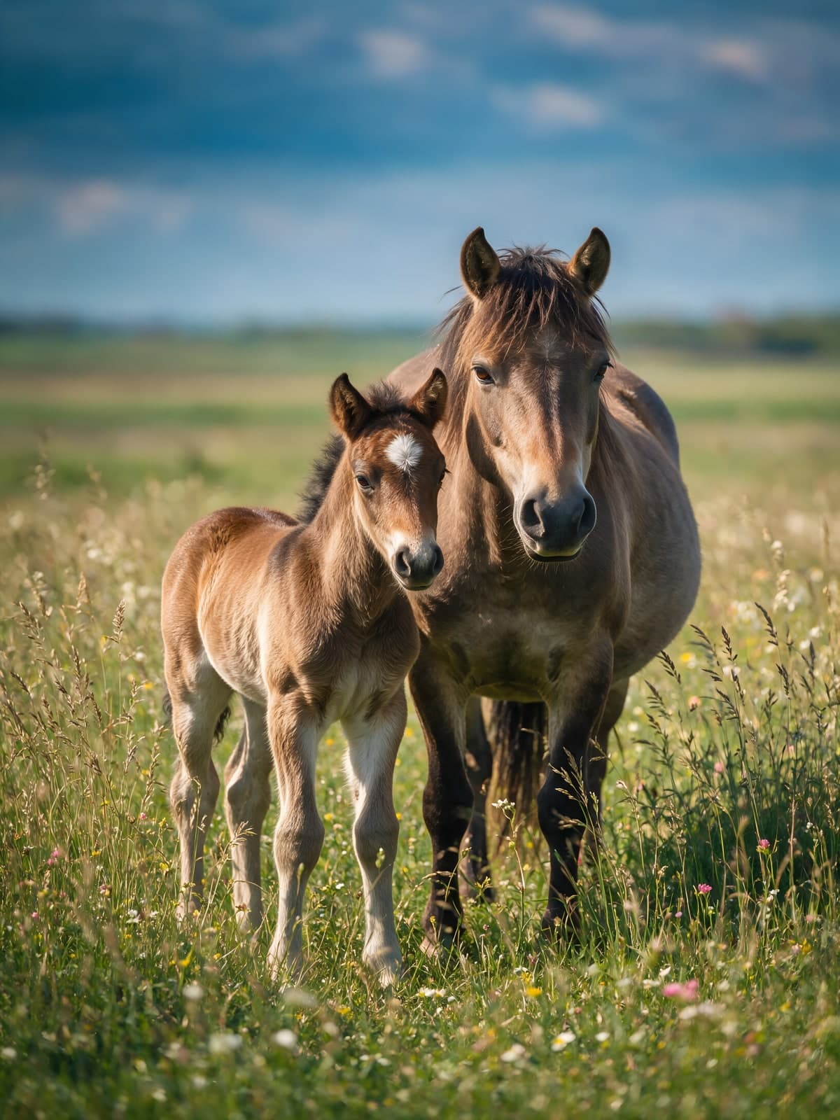 Merrie met veulen in een bloeiend grasveld