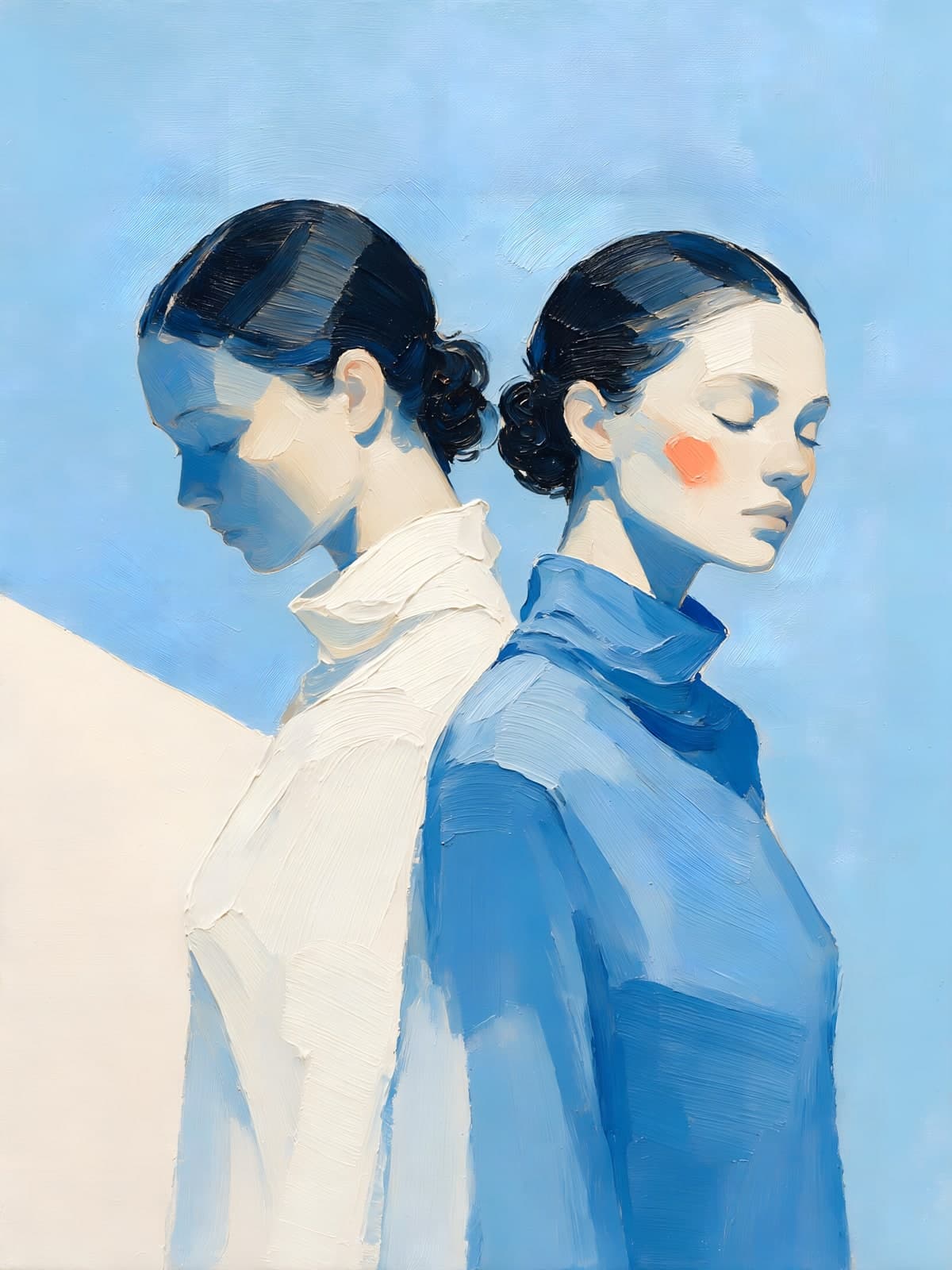 Twee vrouwen rug aan rug voor lichtblauw