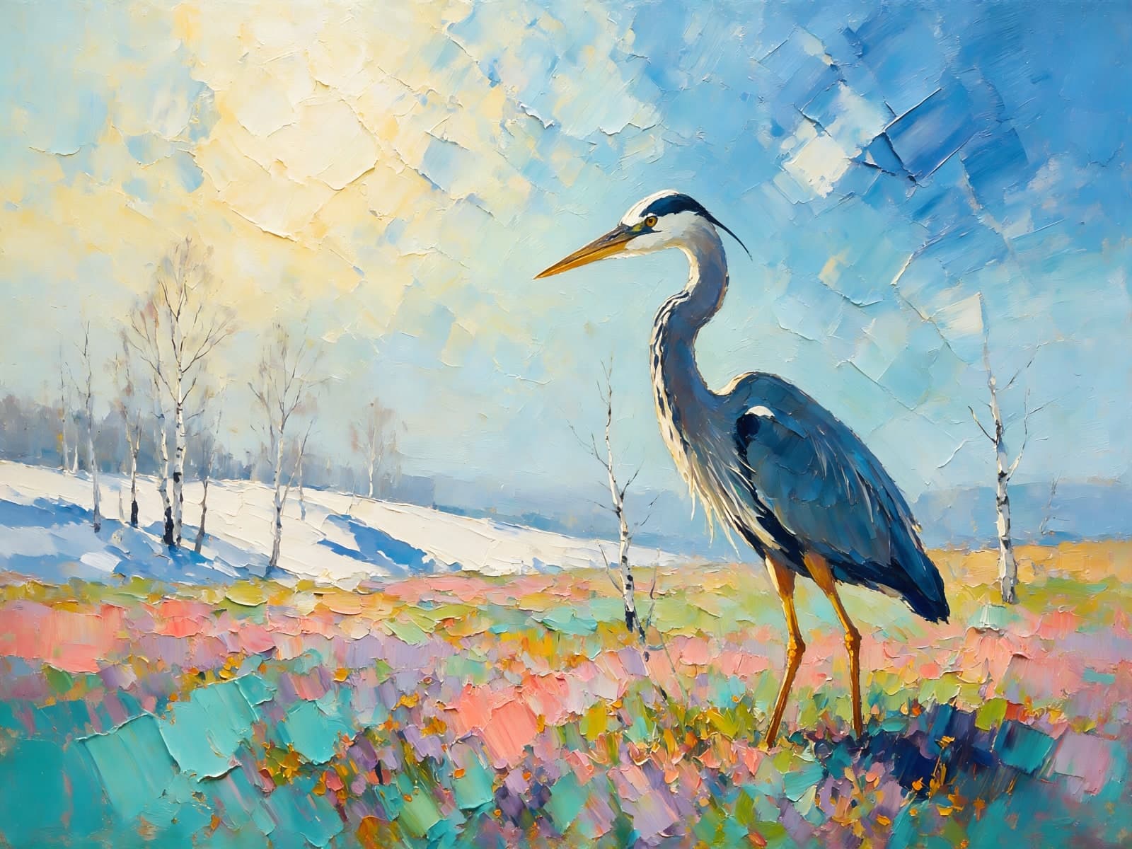 Blauwe reiger in bloeiend lenteveld