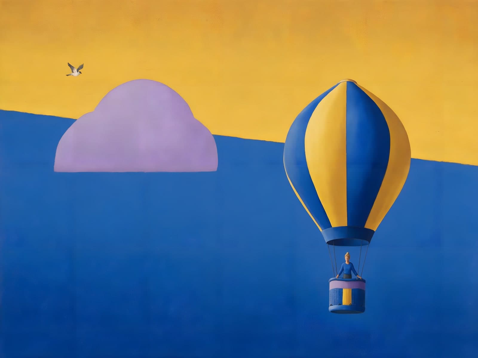 Gestreepte luchtballon boven blauw en geel