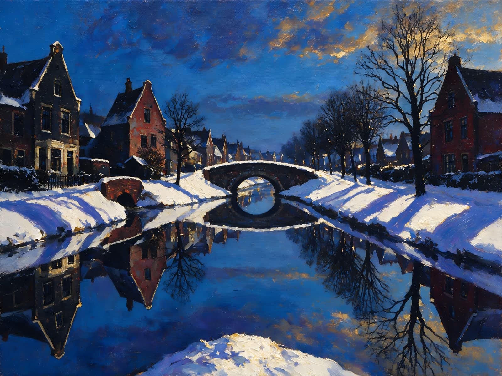 Besneeuwde gracht onder een donkerblauwe avondlucht