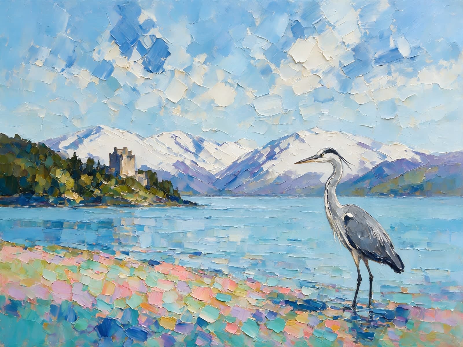 Reiger aan een blauw bergmeer