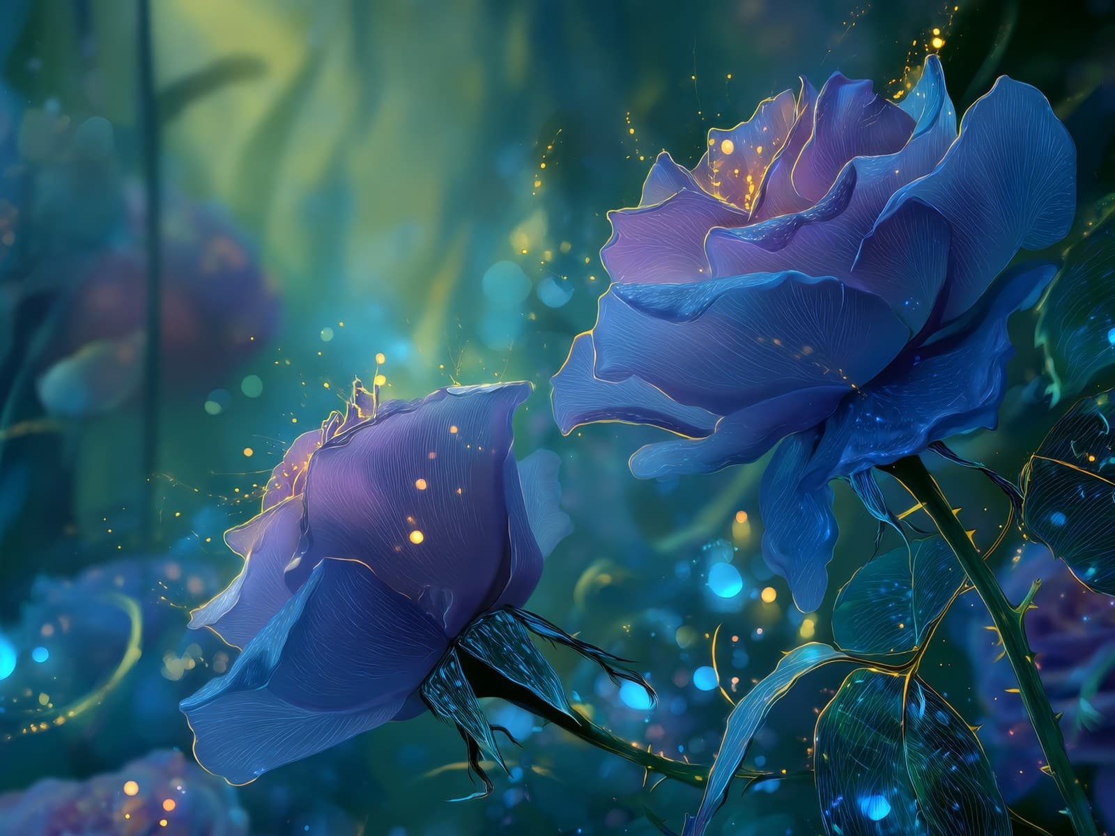 Violetblauwe rozen in een gloeiend bos