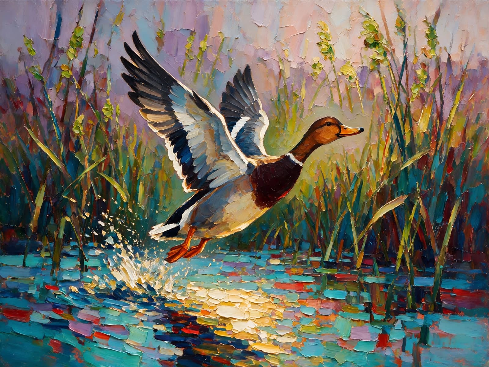 Wilde eend vliegt op uit het riet