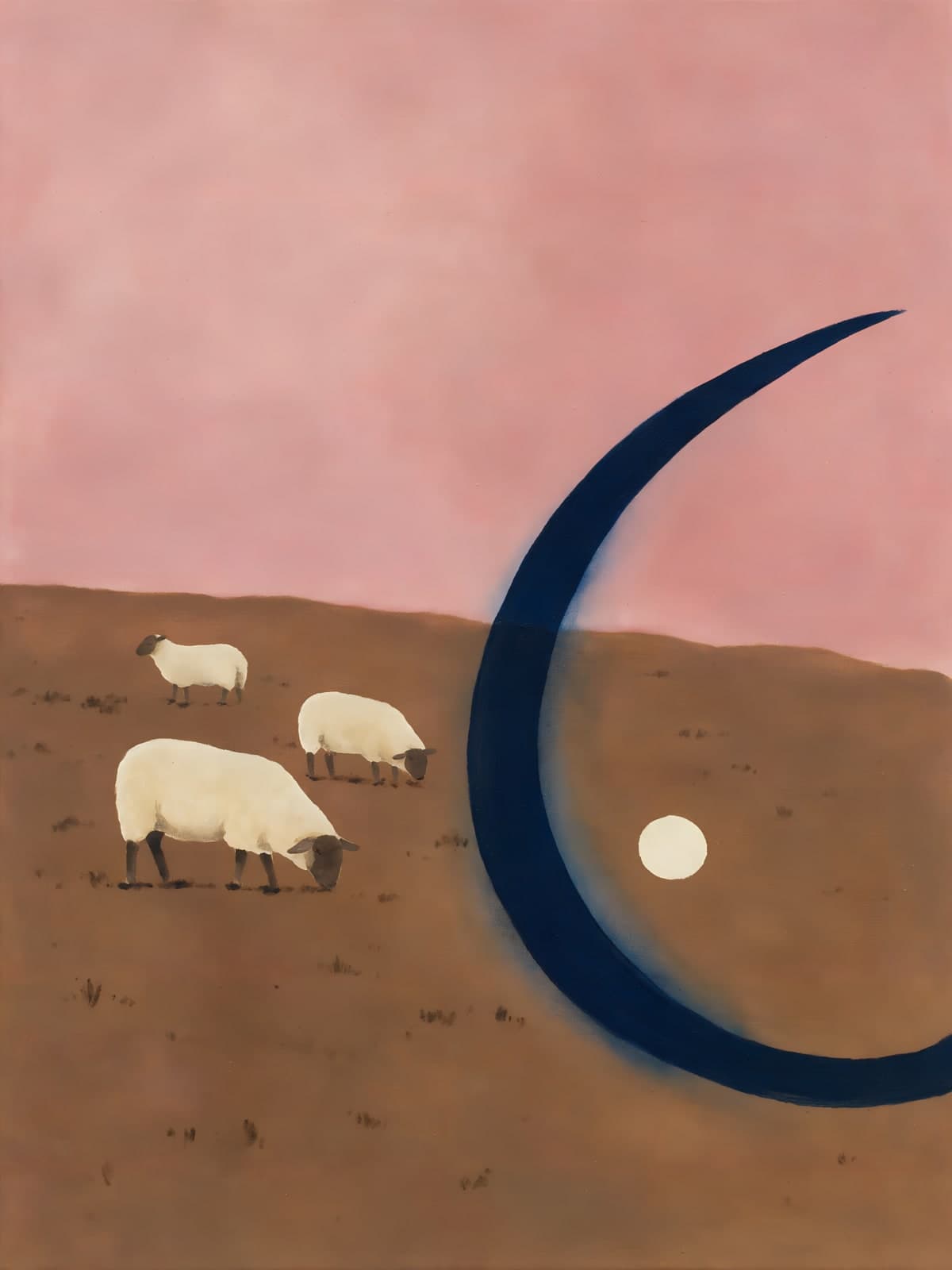Schapen onder roze lucht en blauwe maansikkel