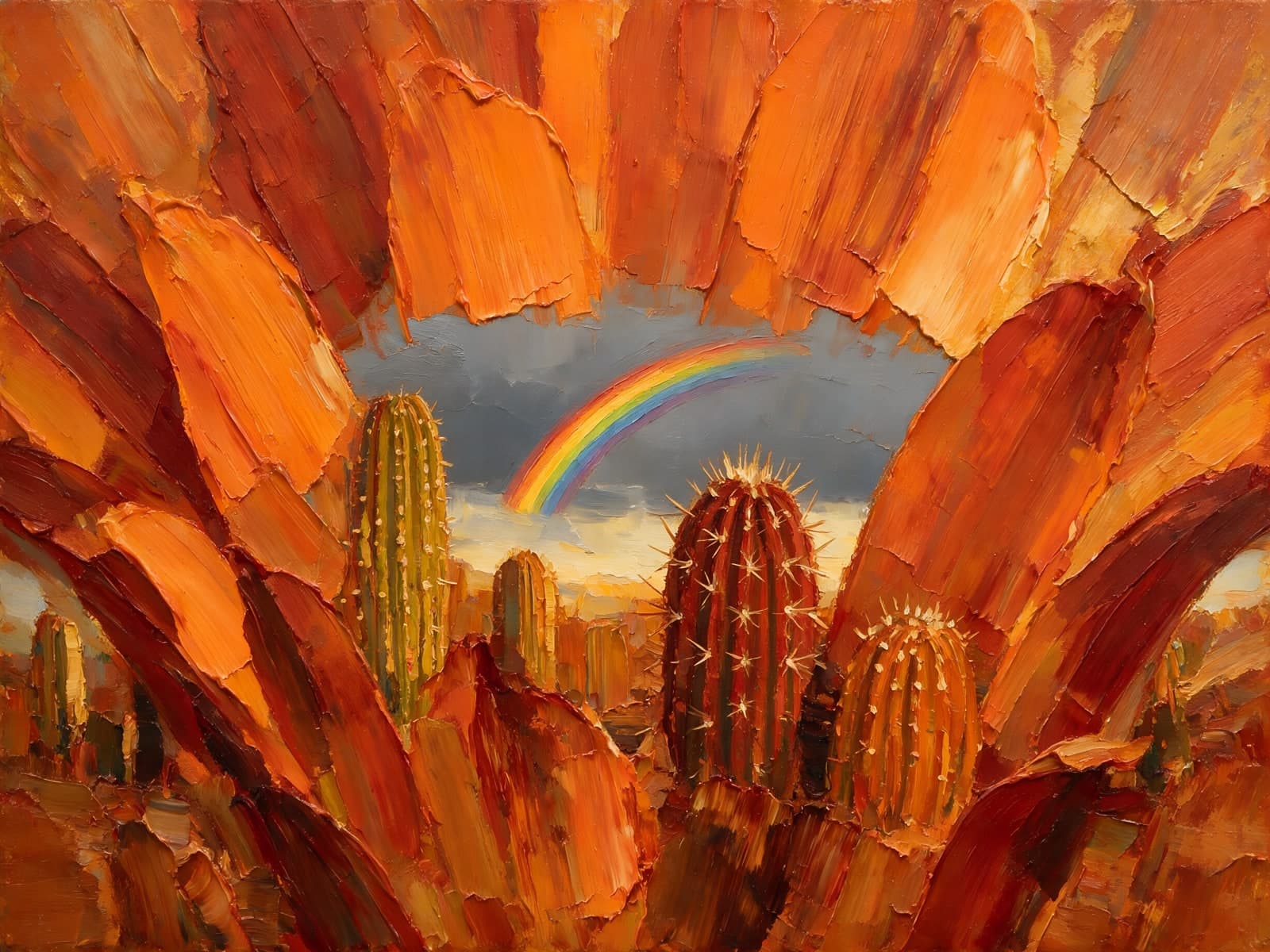 Regenboog tussen oranje rotsen en cactussen