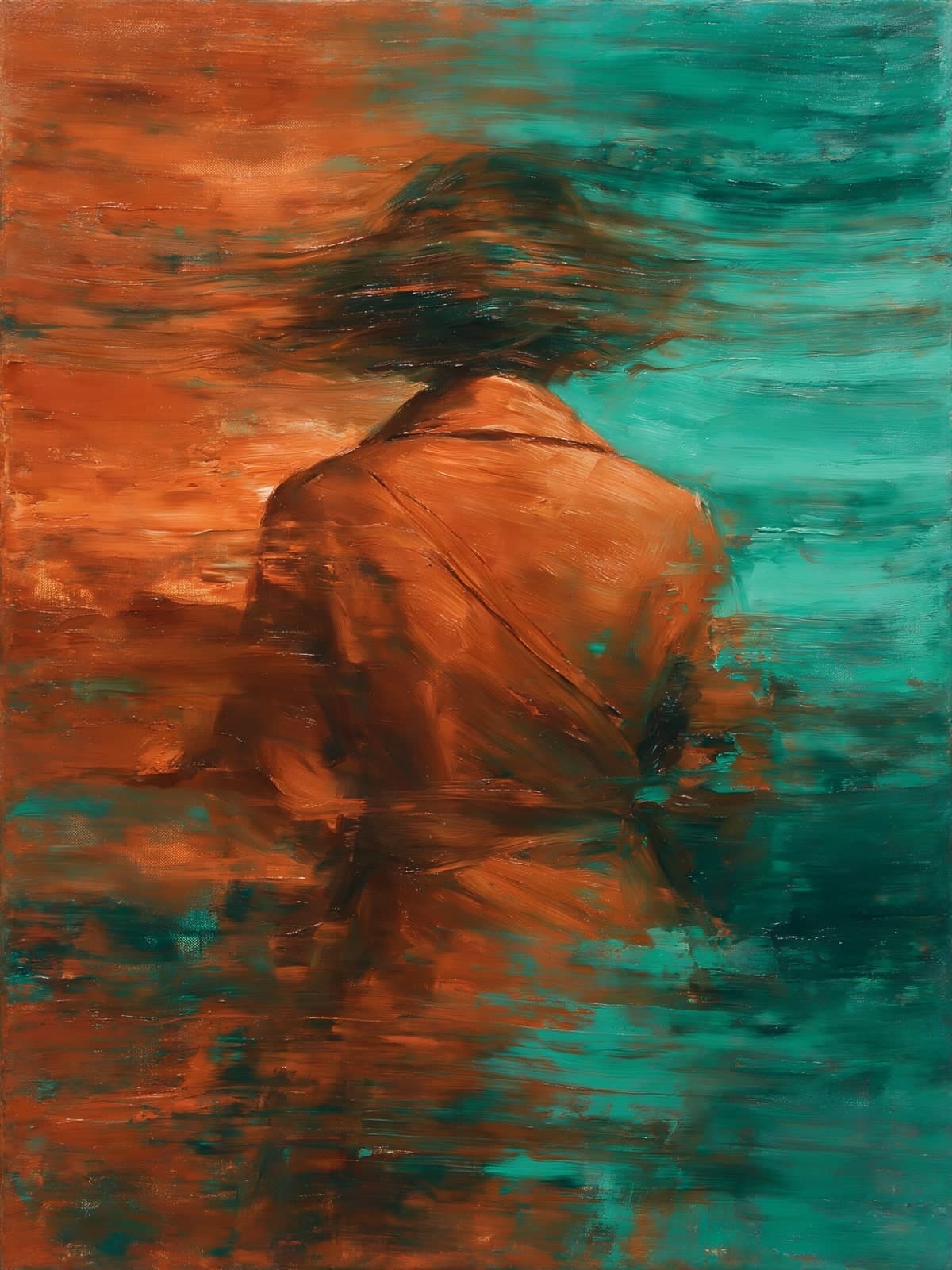 Figuur in oranjebruine jas tegen turquoise strepen