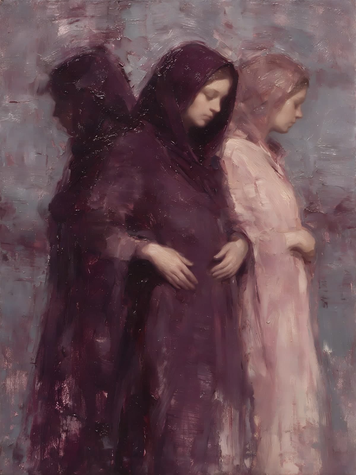 Drie figuren in paarse en roze doeken