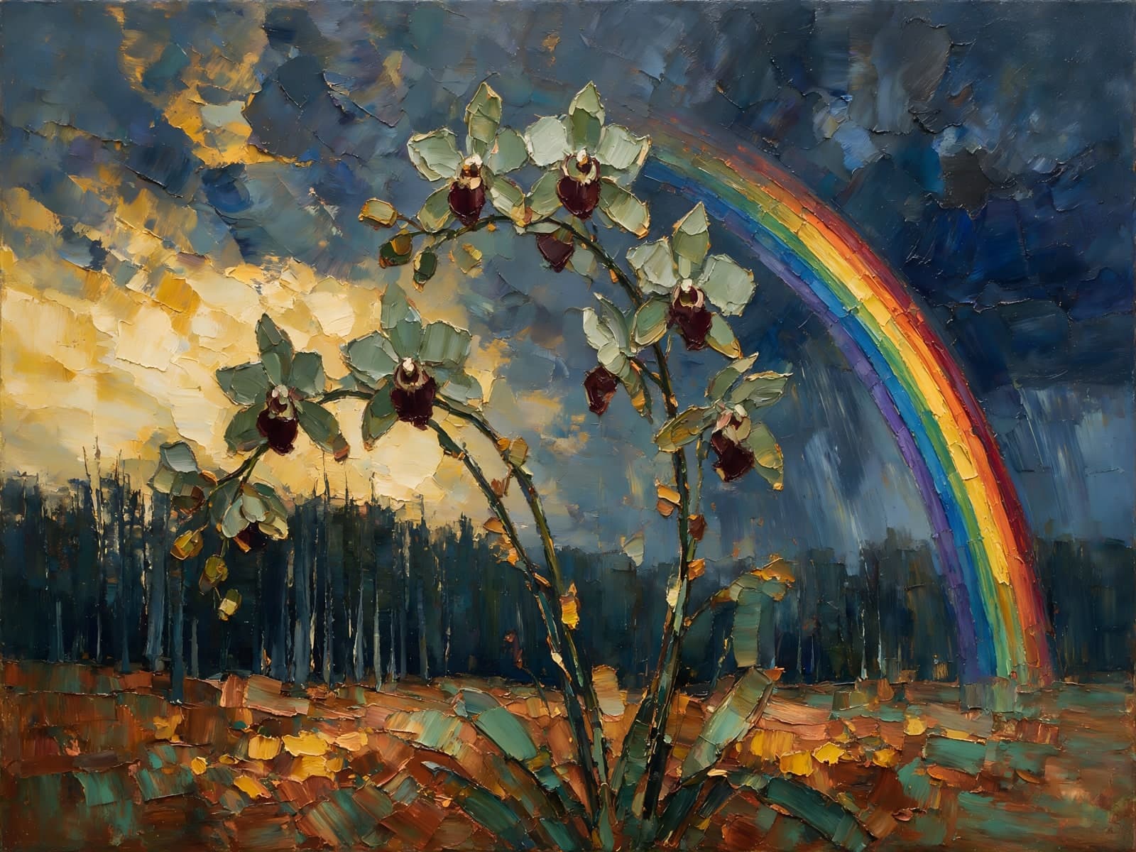 Regenboog boven orchideeën in een herfstveld