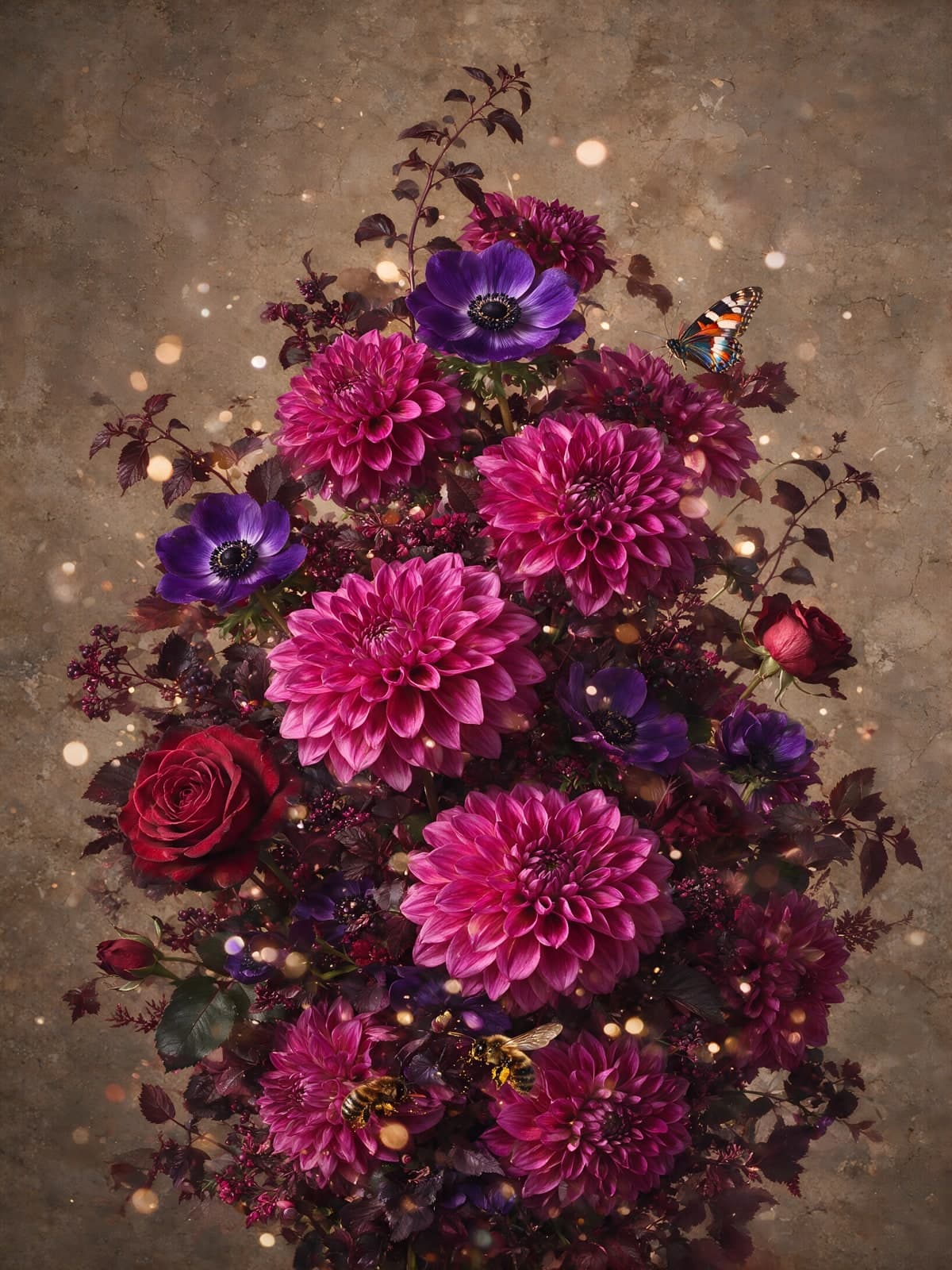 Boeket van magenta dahlia's en paarse anemonen