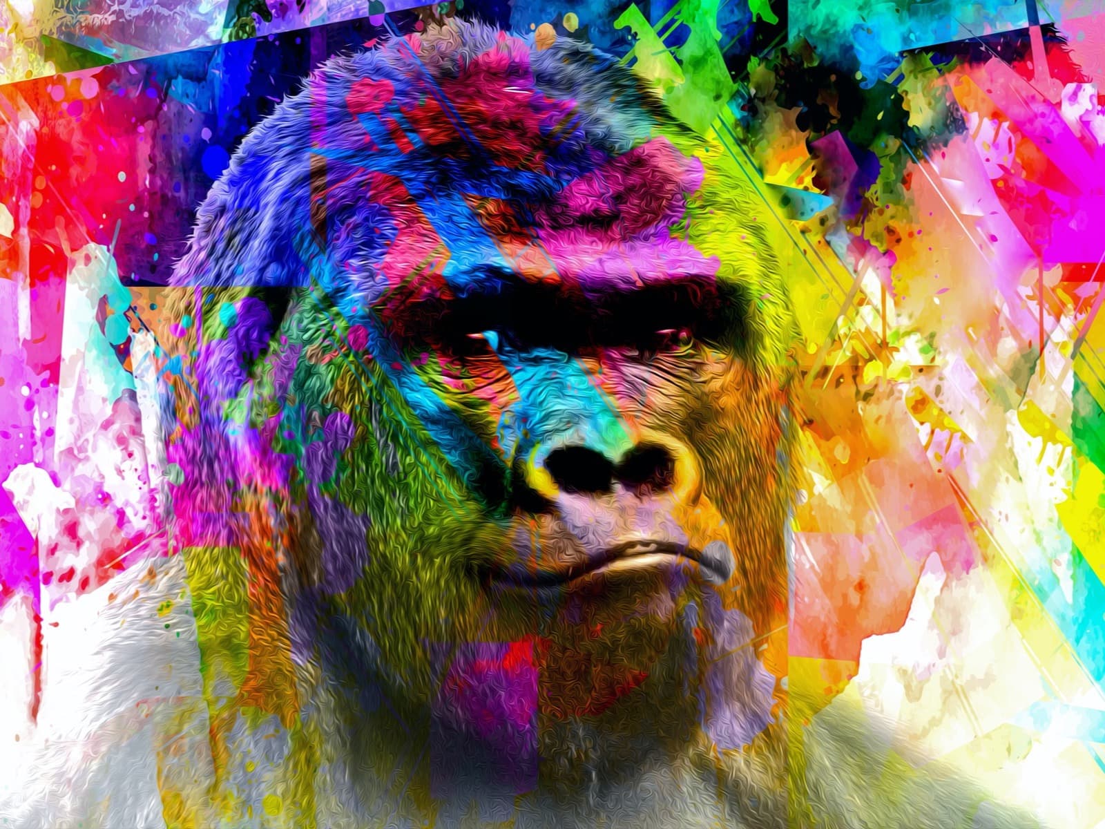 Gorilla met zware blik in vloeiende verf