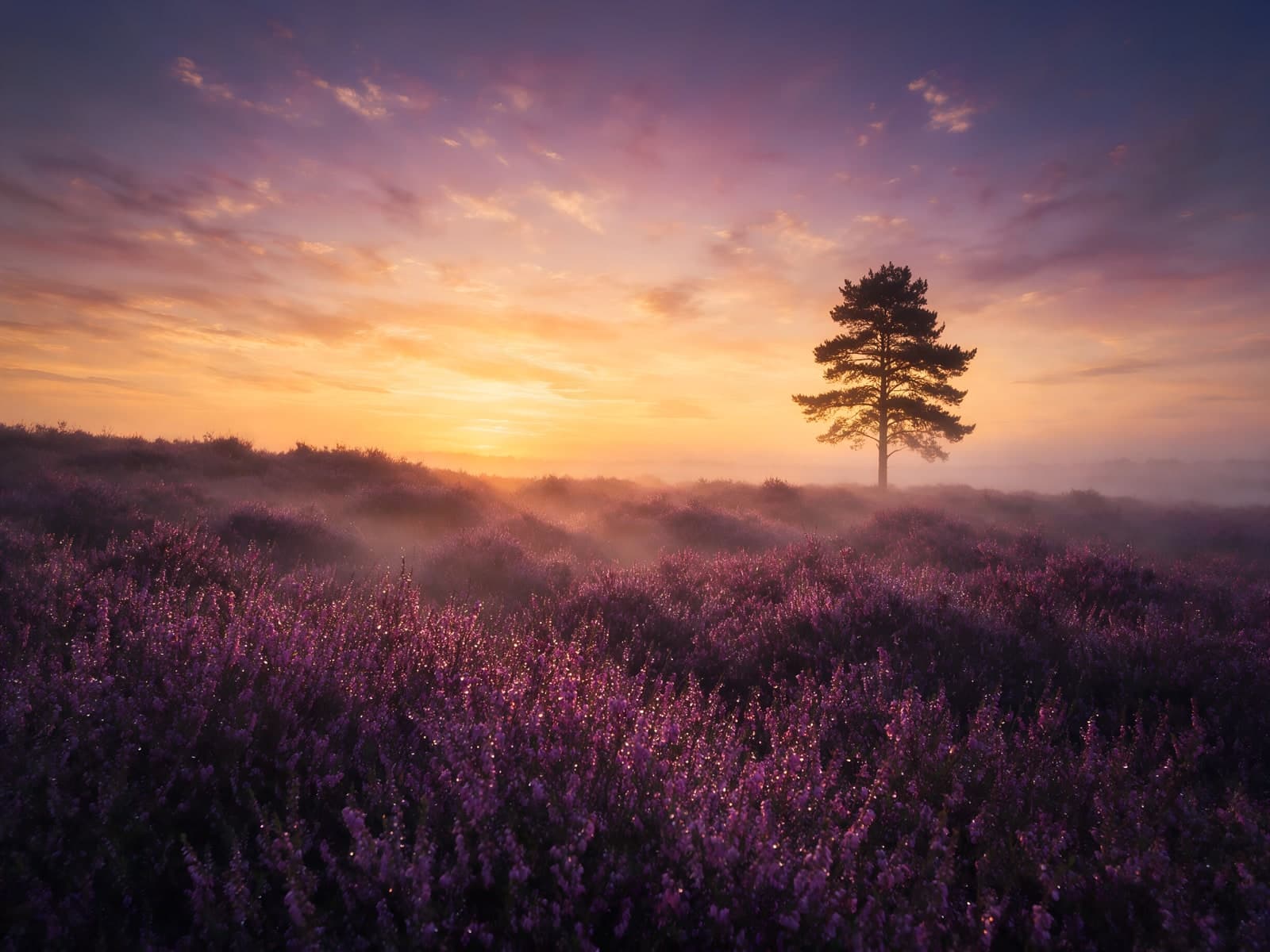 Eenzame den boven paarse heide bij zonsopgang