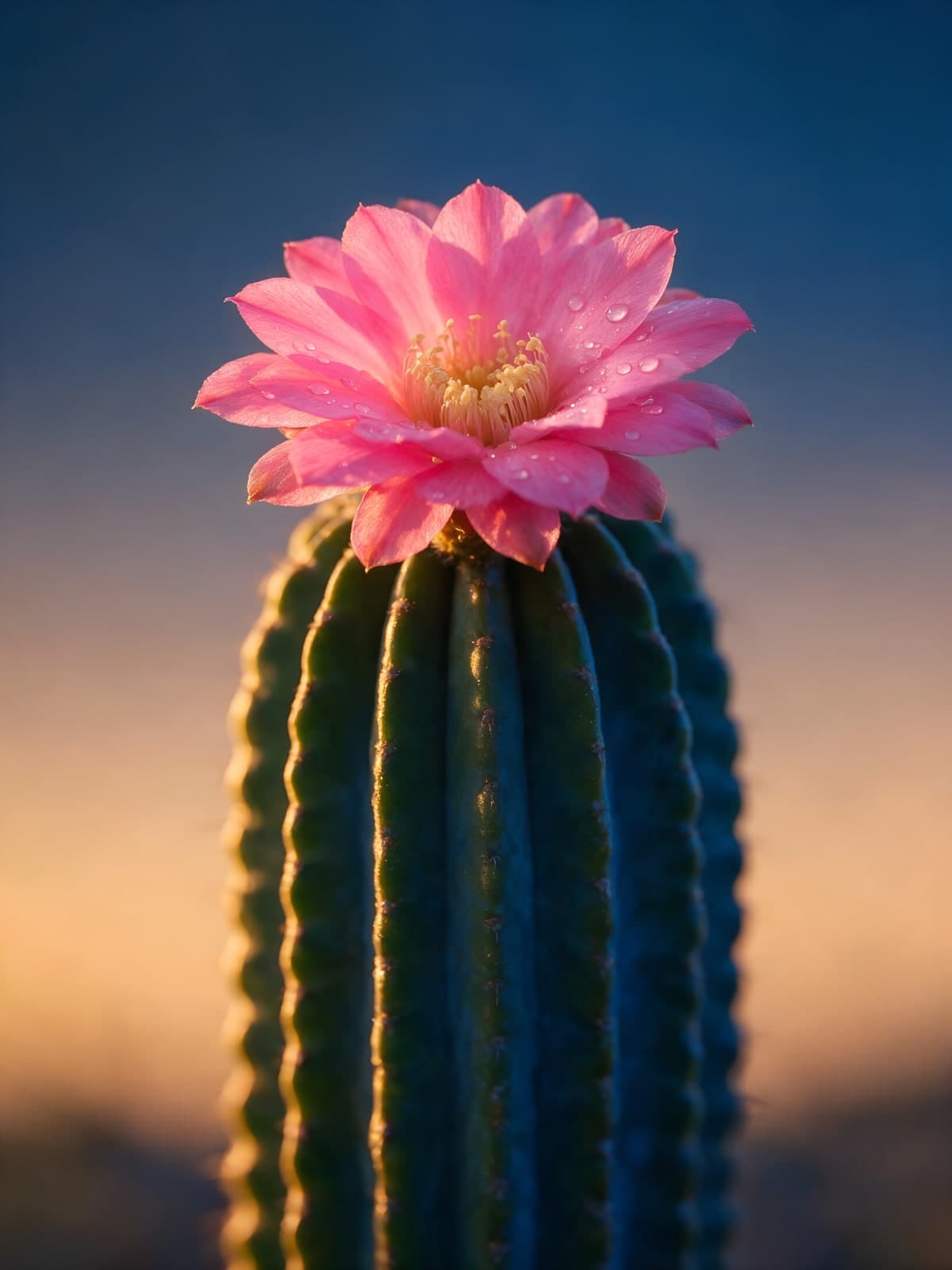 Roze cactusbloem tegen schemerlucht