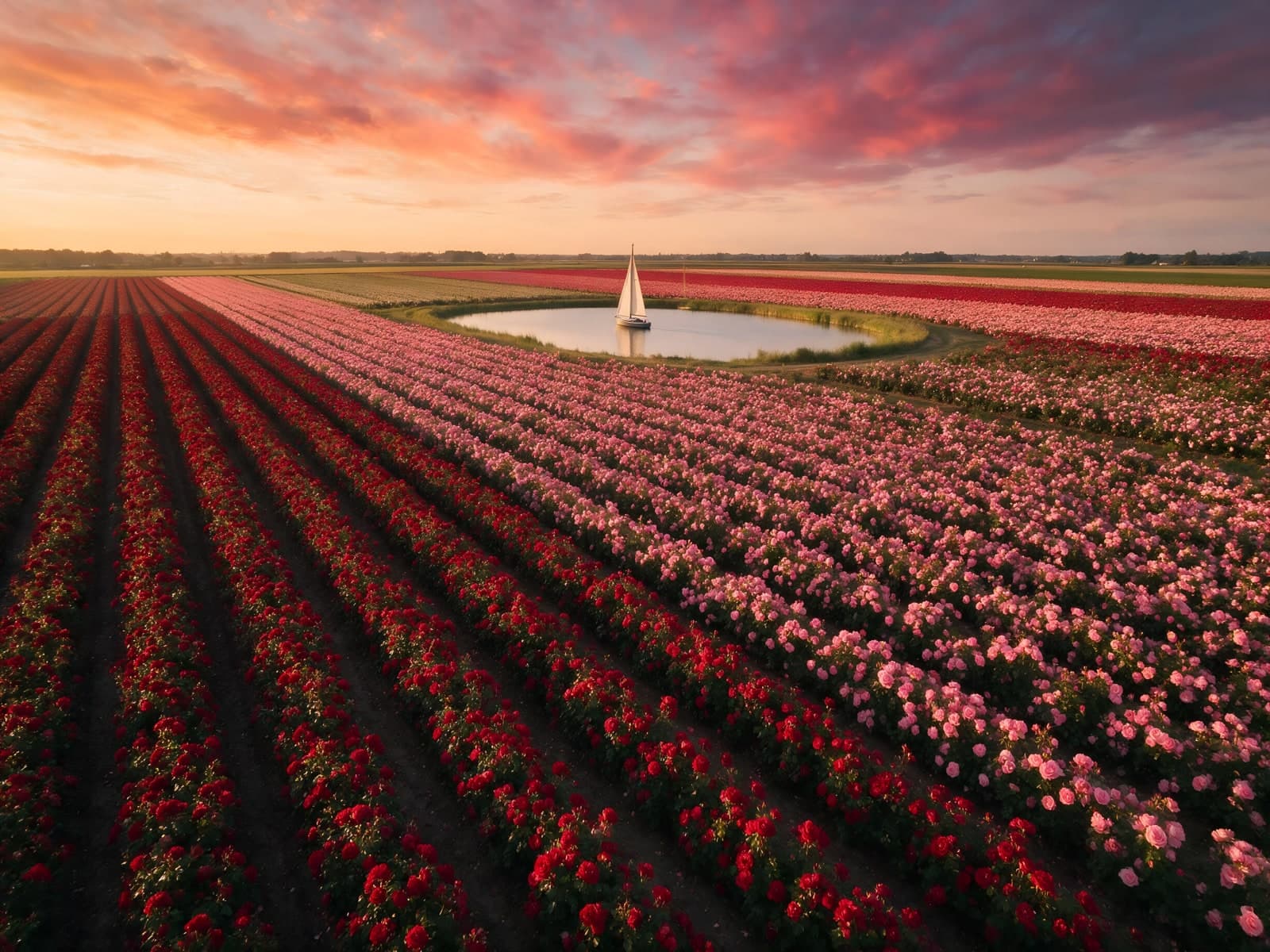 Roze bloemenvelden met zeilboot bij zonsondergang