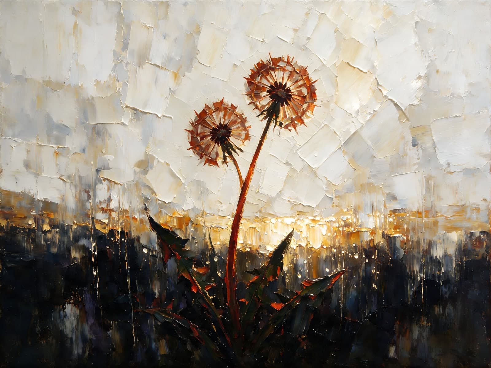 Twee roodbruine paardenbloemen bij gouden horizon