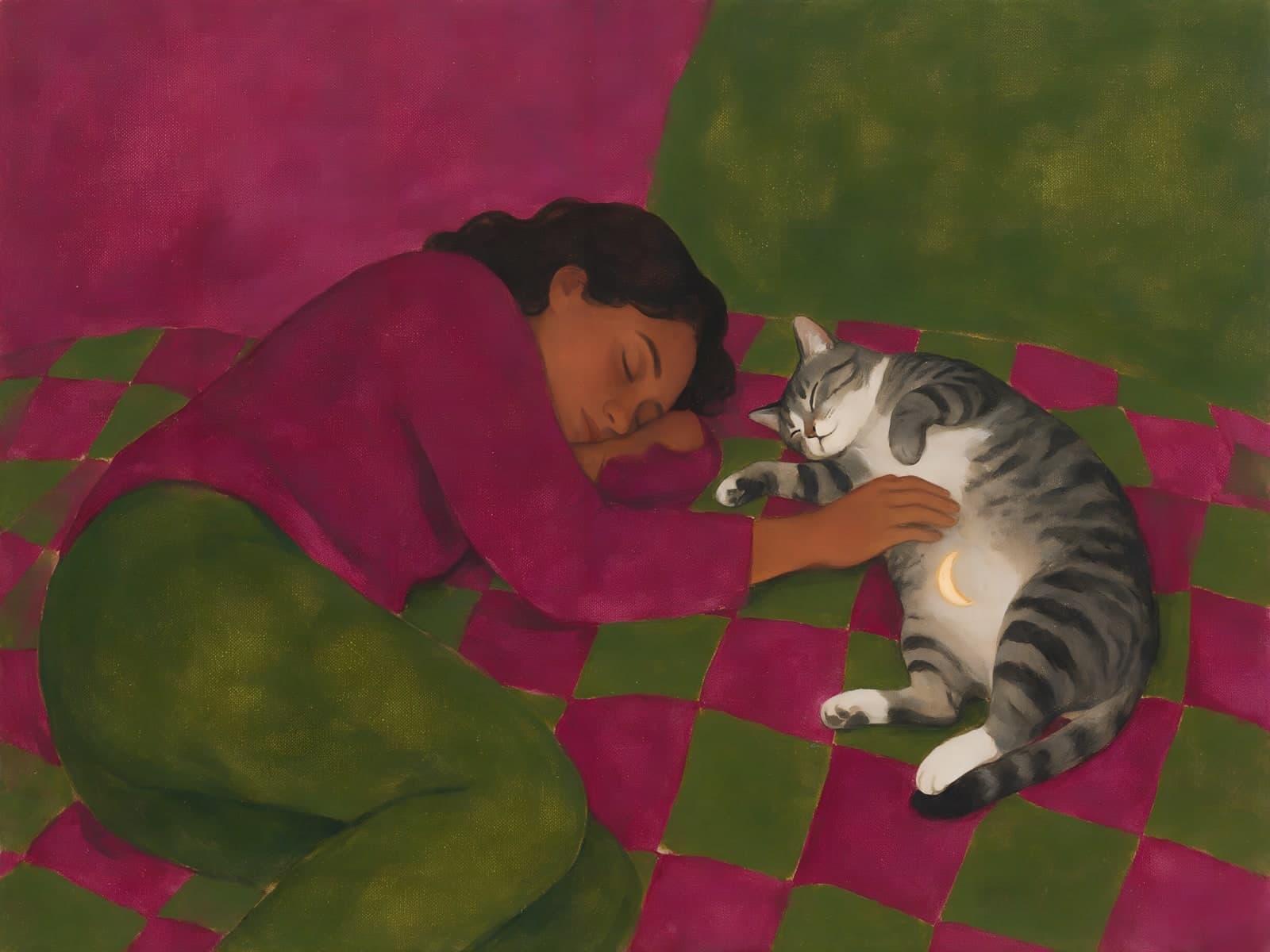 Slapende vrouw met kat op ruitjesdeken