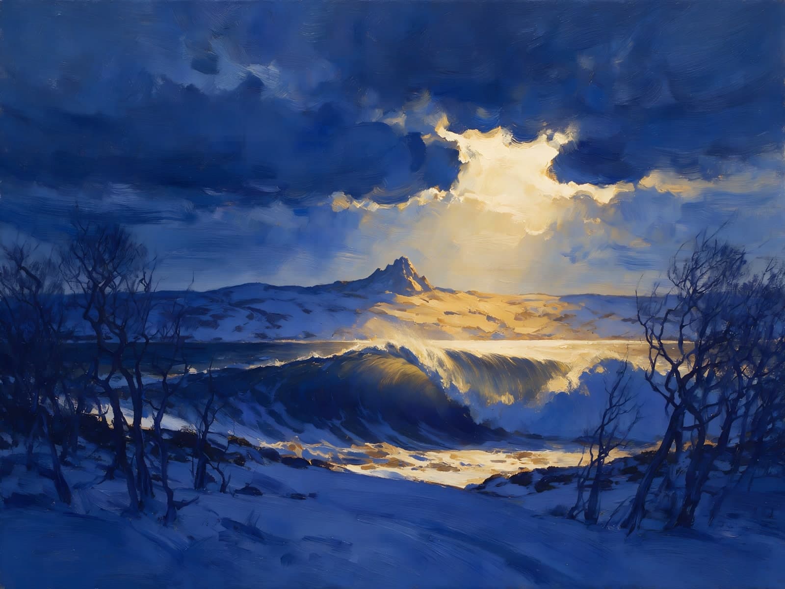Zonlicht breekt door blauwe winterwolken