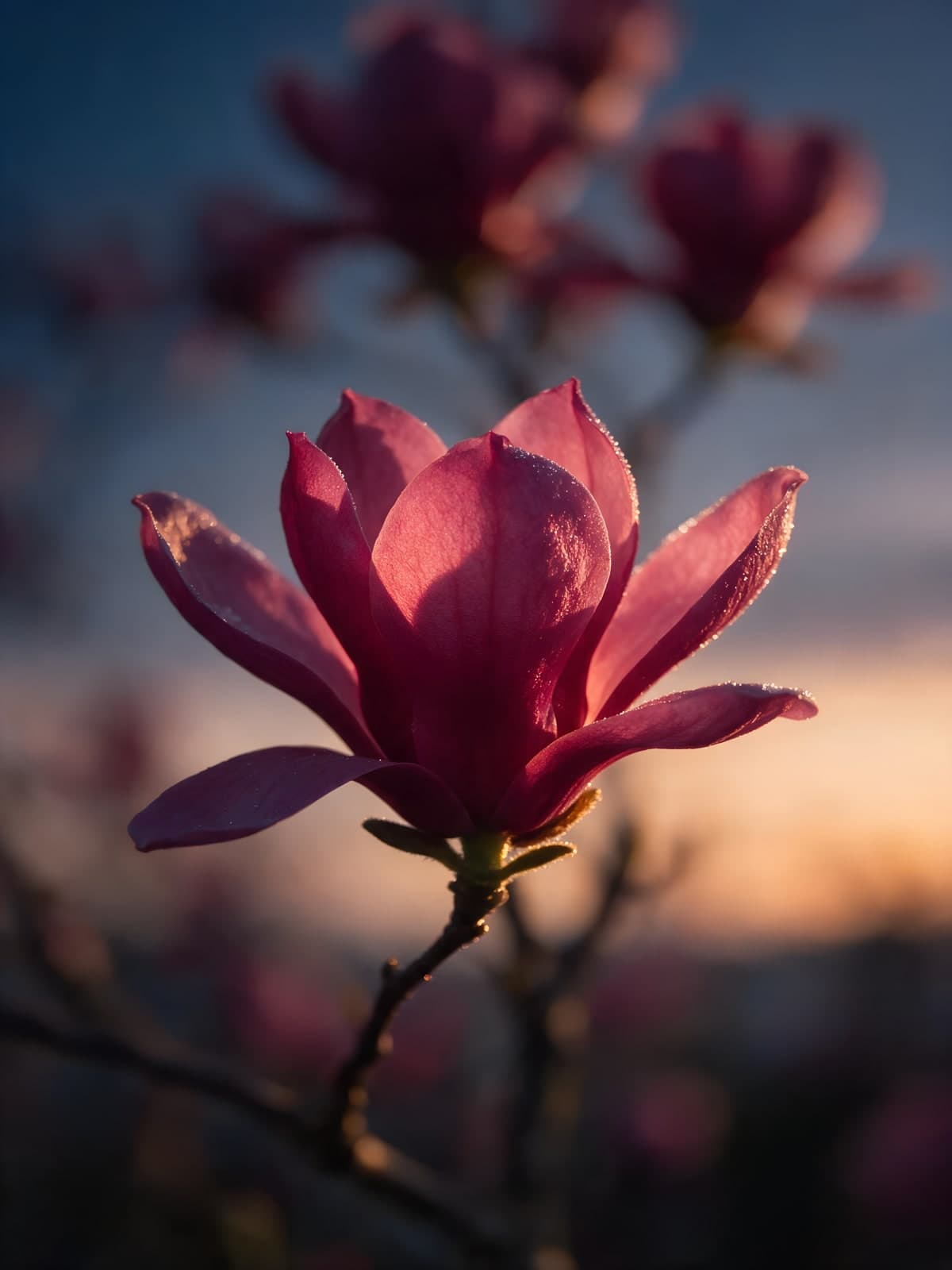 Rode magnolia aan een tak bij schemer