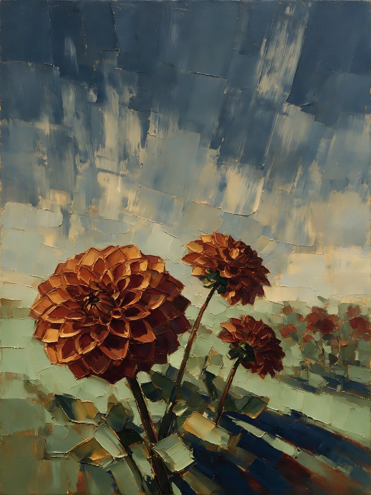 Roestbruine dahlia's onder blauwgrijze lucht