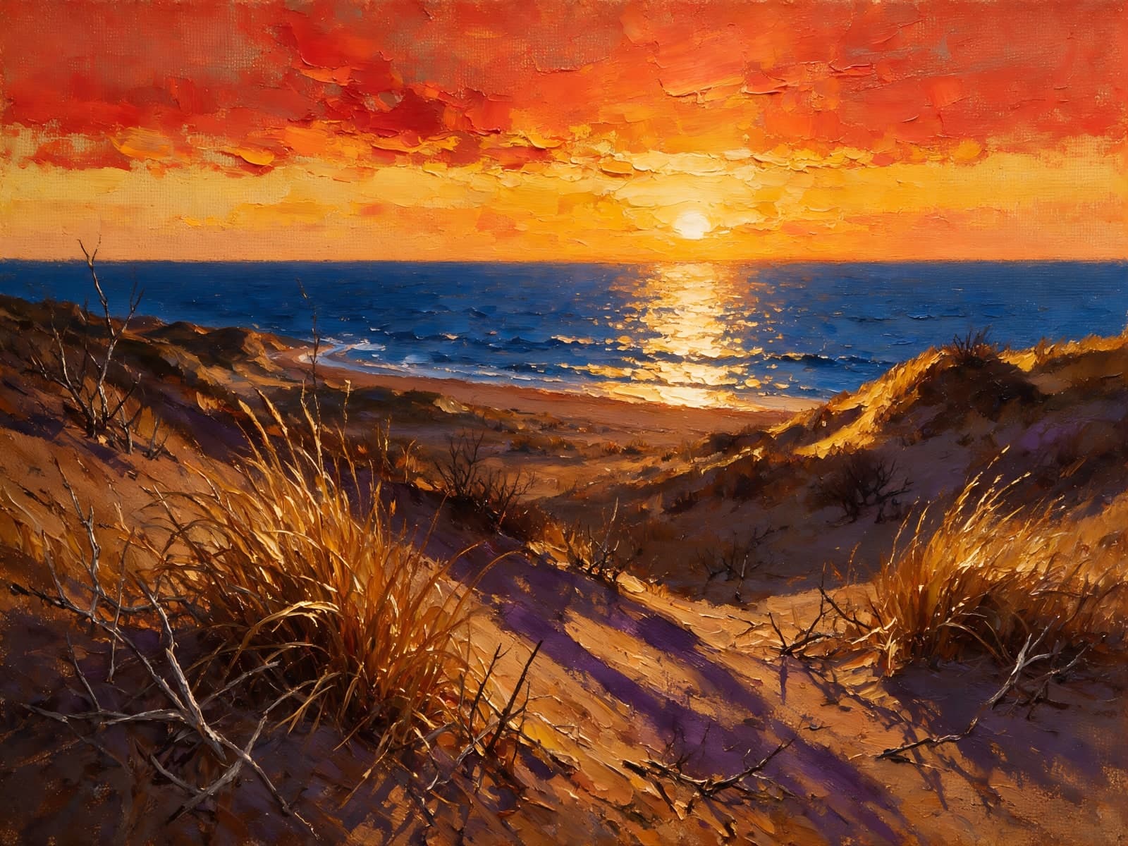 Zonsondergang boven duinen en zee