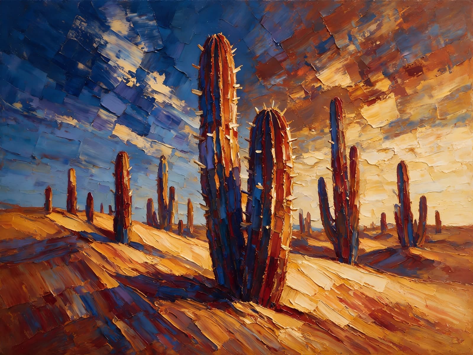 Cactussen op oranje zand onder blauwe wolken