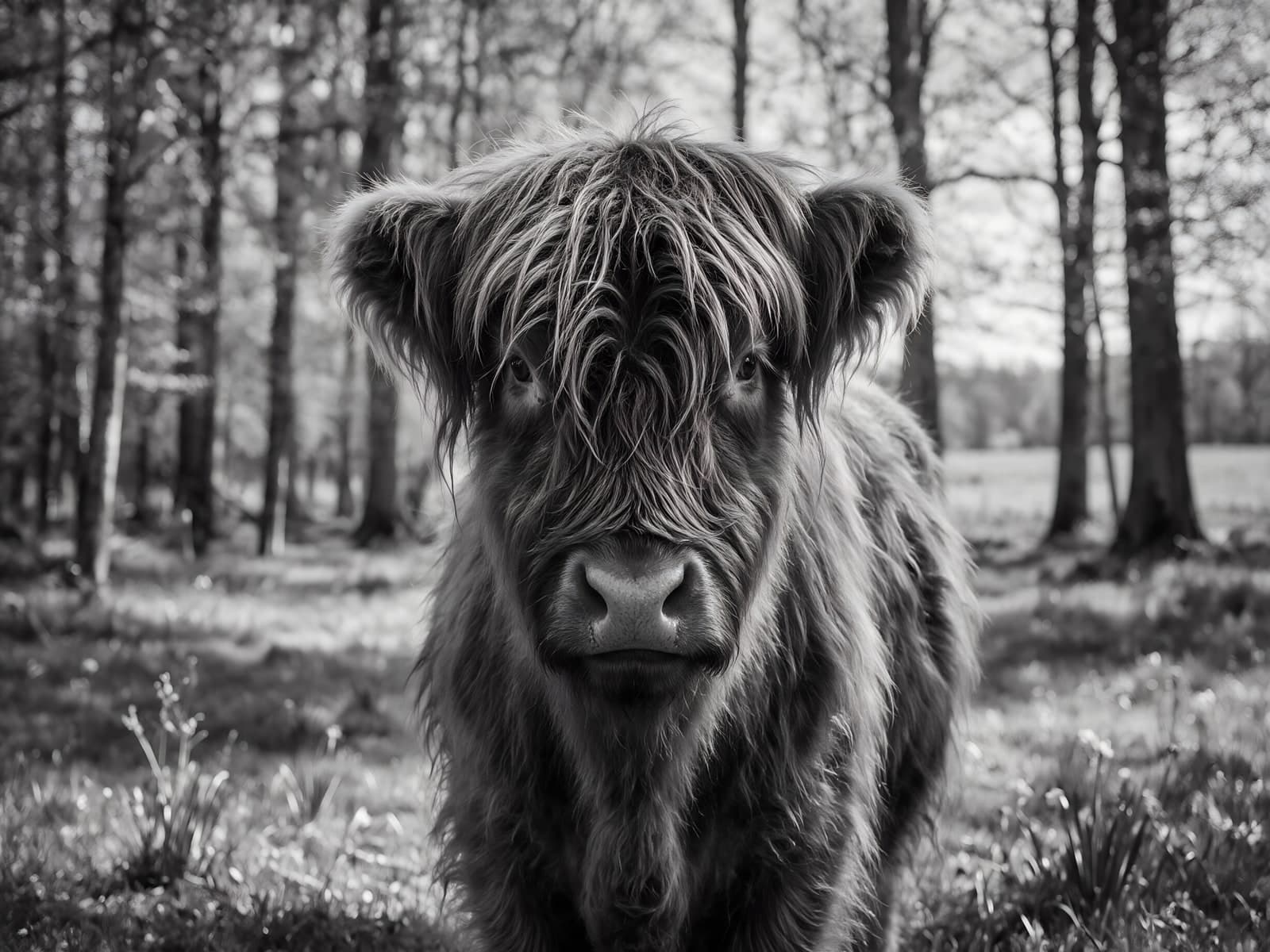 Schotse hooglander in een zwartwit bos