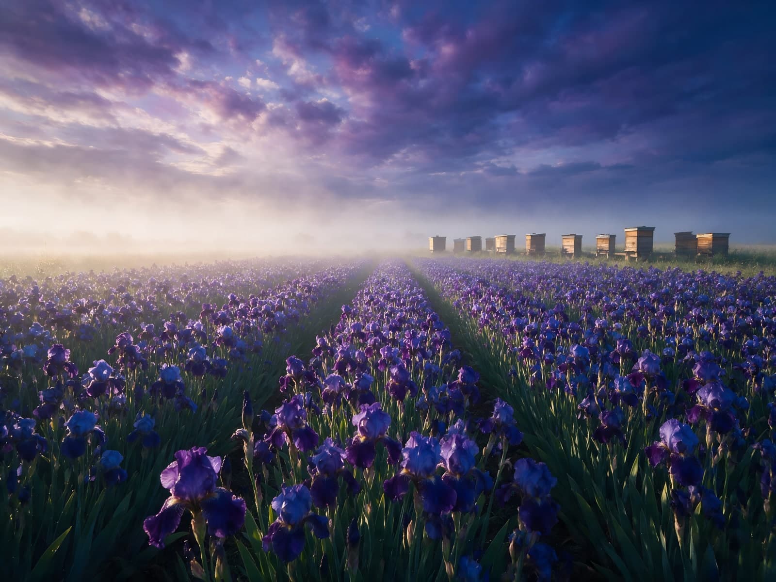 Paarse irissen in ochtendmist met bijenkasten