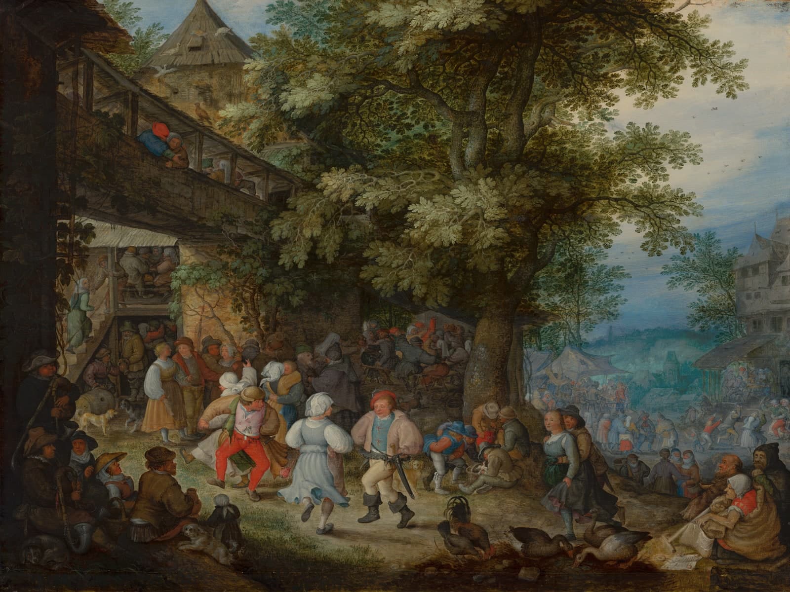 Dansende boeren voor een Boheemse herberg