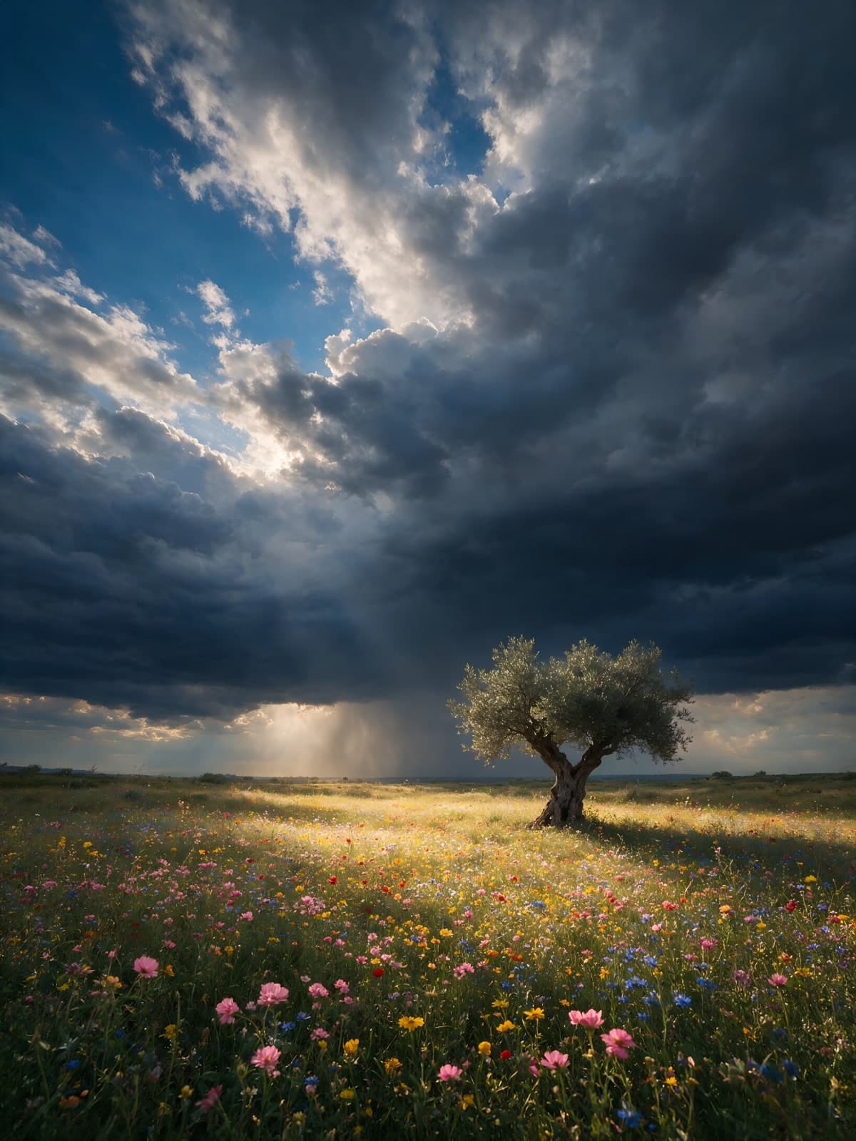 Eenzame boom op bloemenweide onder stormlucht