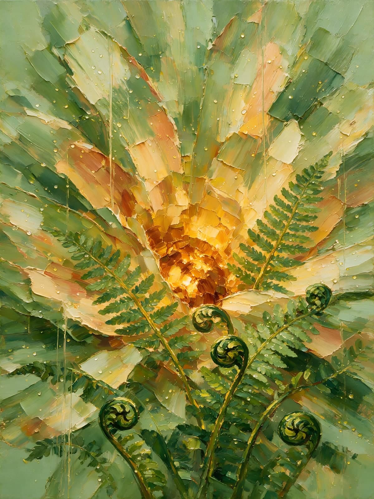 Groene varens rond een gouden bloemkern