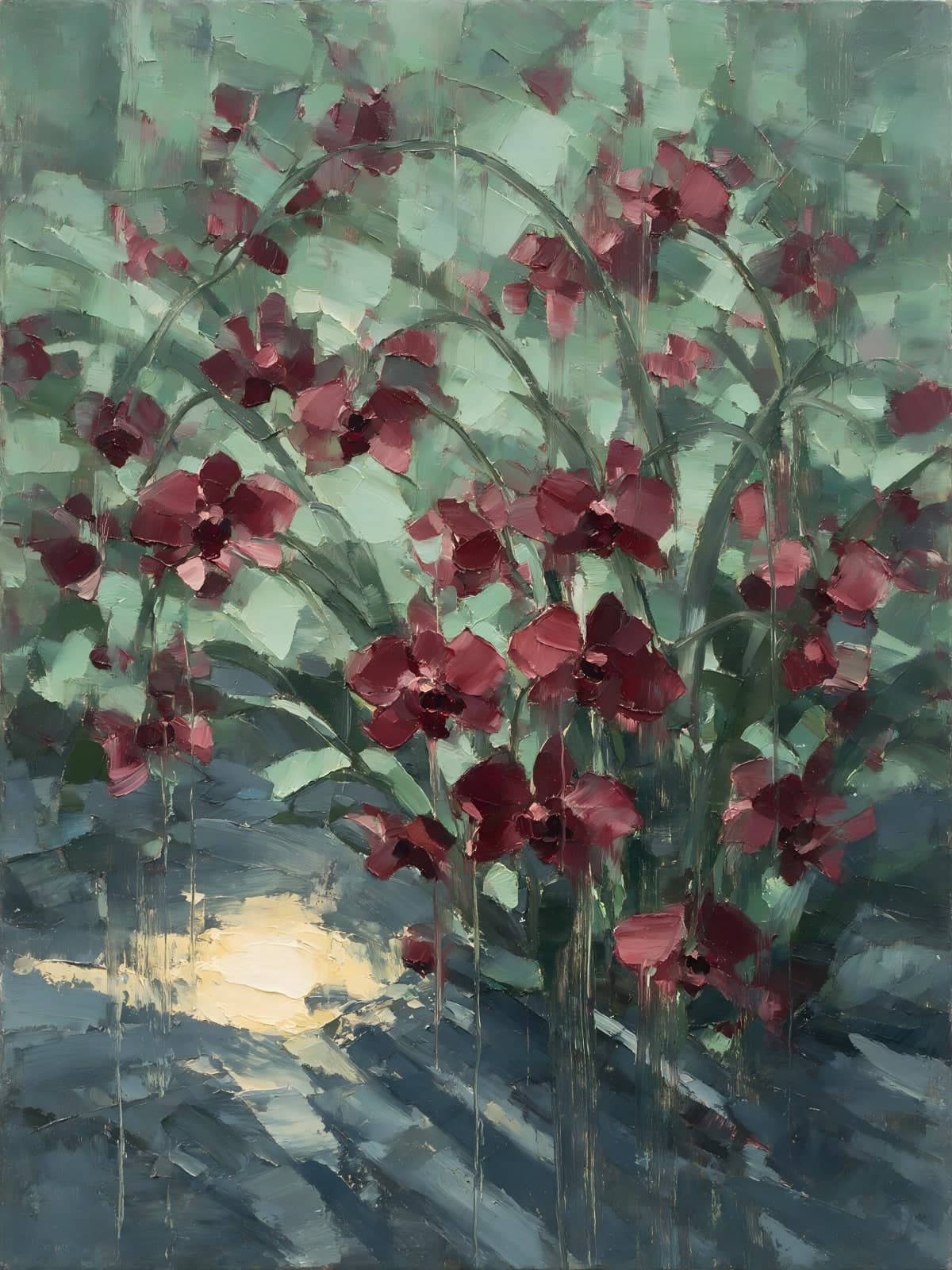 Donkerrode orchideeën in blauwgroen licht