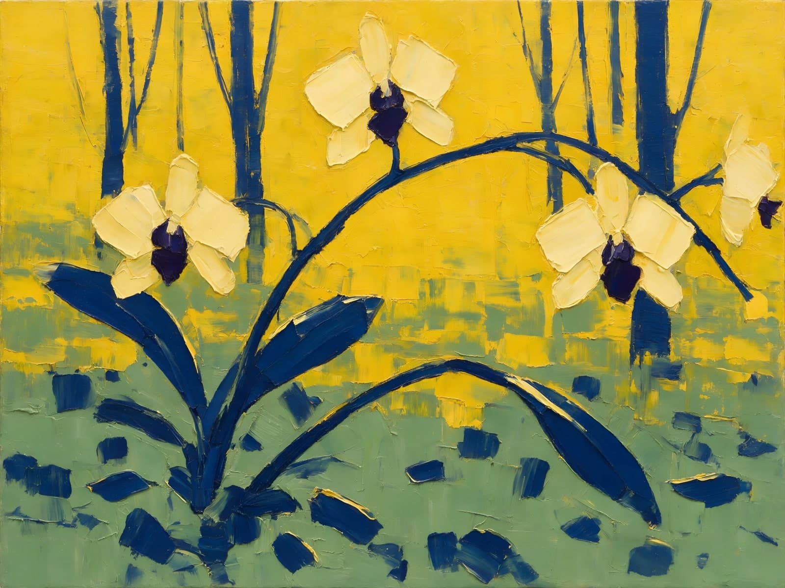 Witte orchideeën met blauwe stelen op geel